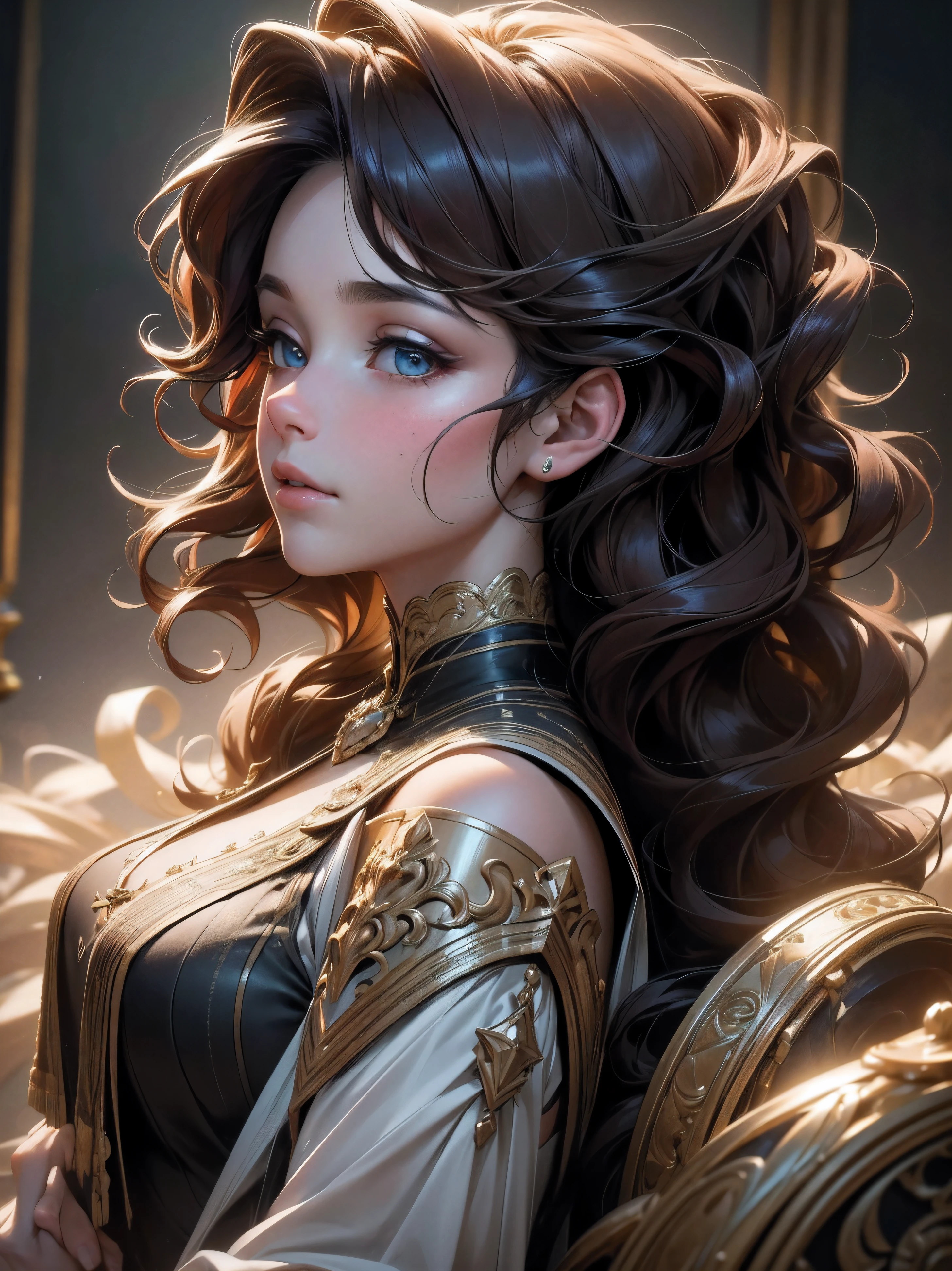 (highest quality,4K,8K,High resolution,masterpiece:1.2),super detailed,Physically based rendering,Bright colors,black hair, Gorgeous, wavy, cascading gracefully from the shoulders, Frame her face gracefully, Glamour.