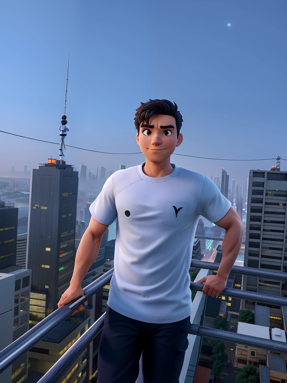 Um homem branco, como um ninja, on top of a building in a big city, a noite, com luzes de neon e uma lua grande ao fundo.