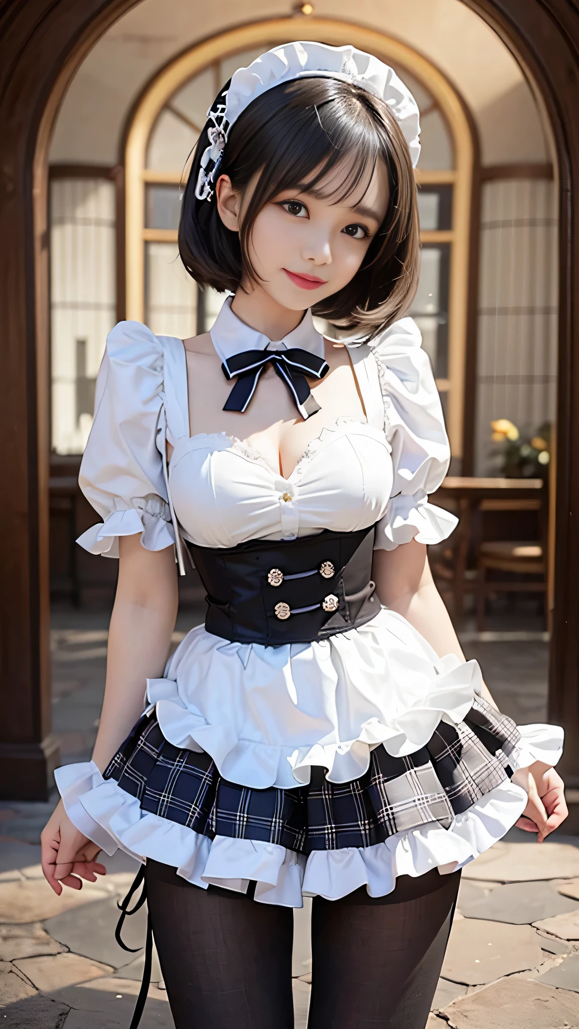 (Close-up:1.4)、(RAW shooting:1.2)、(photorealistic:1.4)、(masterpiece:1.3)、(highest quality:1.4)、solo、7 head and body、(slender and beautiful girl)、cute、(beautiful detailed eyes)、(charming big eyes)、(beautiful double eyelids)、(beautiful and detailed face)、(gentle smile:1.2)、(big breasts:1.2)、(cleavage)、(full body shot)、8K、(muste piece:1.2)、(short bob:1.3)、(Bangs Patsun)、(headdress、white blouse、black ribbon、ruffle skirt、puff sleeves、collar、choker、white apron with fine frills:1.3)、White Knee High Socks、black maid costume、(Sexy model pose with chest sticking out:1.3)、cowboy shot、view audience、(small butt)、(hide your hands)、(beautiful thighs)、cute系、(perfect anatomy:1.2)、ancient city、