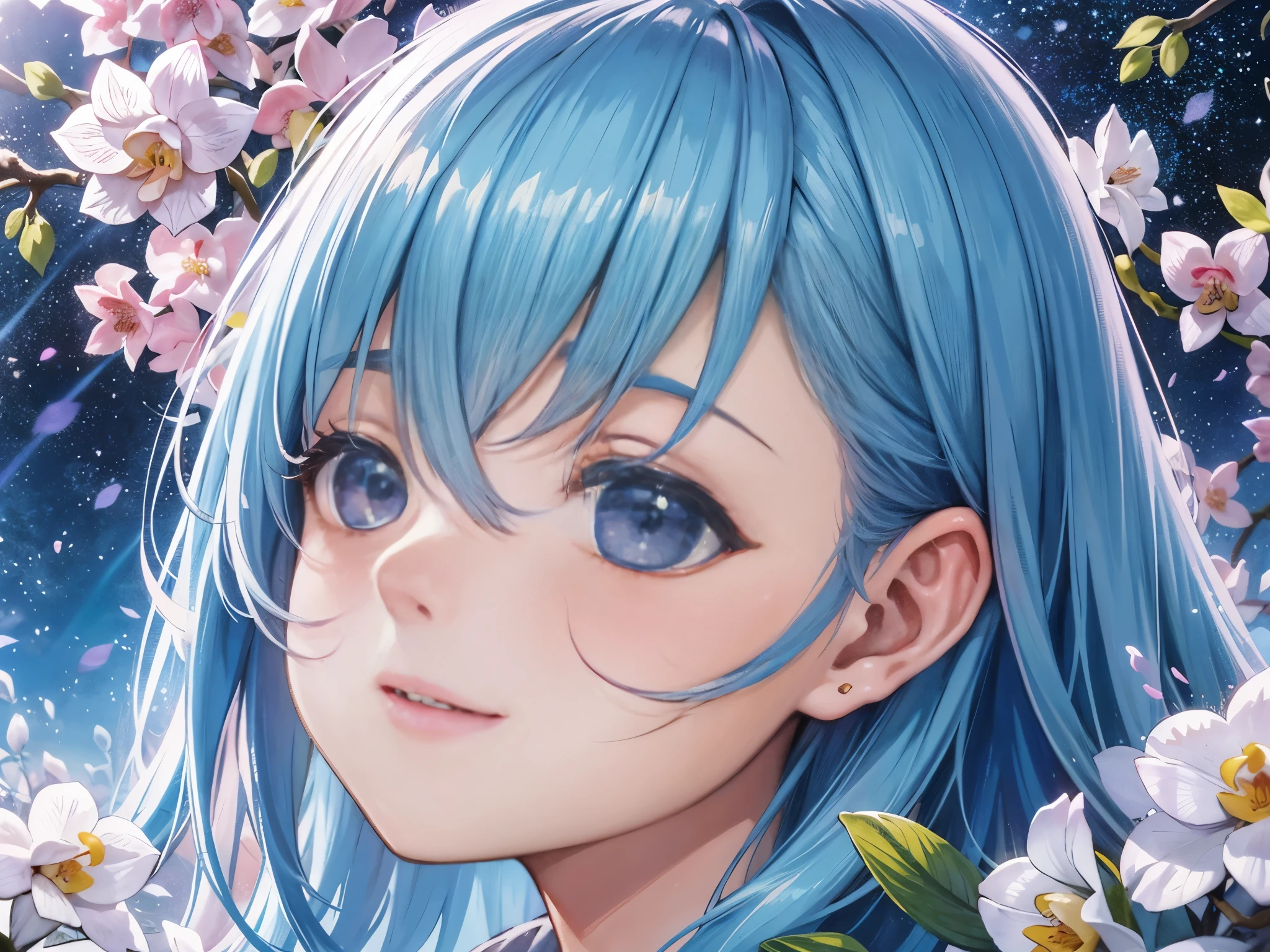 (High resolution、Super detailed、nffsw、movie)、alone、1 girl、happiness、Girl Standing In Orchid Flower Garden、Girl around the petals、cute smile、Full body Esbian、long-haired girl with blue hair、Light blueの髪、black eye、valentine&#39;s big heart chocolate、flowers made of chocolate、look at the camera、fantasy、official art、pop art、profile、highly detailed face、highly detailed eyes、Orchid Flower Garden、Ultra Detailed Fields、Bright starry sky、Light blue、blanche、nebula in the sky、watercolor painting、pastel colour