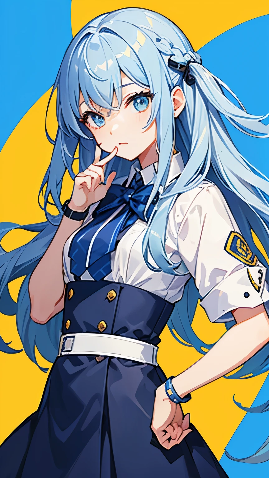VTuber Illustration、girl、Hairstyle Long Straight、Hair color blue、eye color yellow、clothing high school girl、Tsundere、slanted eyes、Saucy、