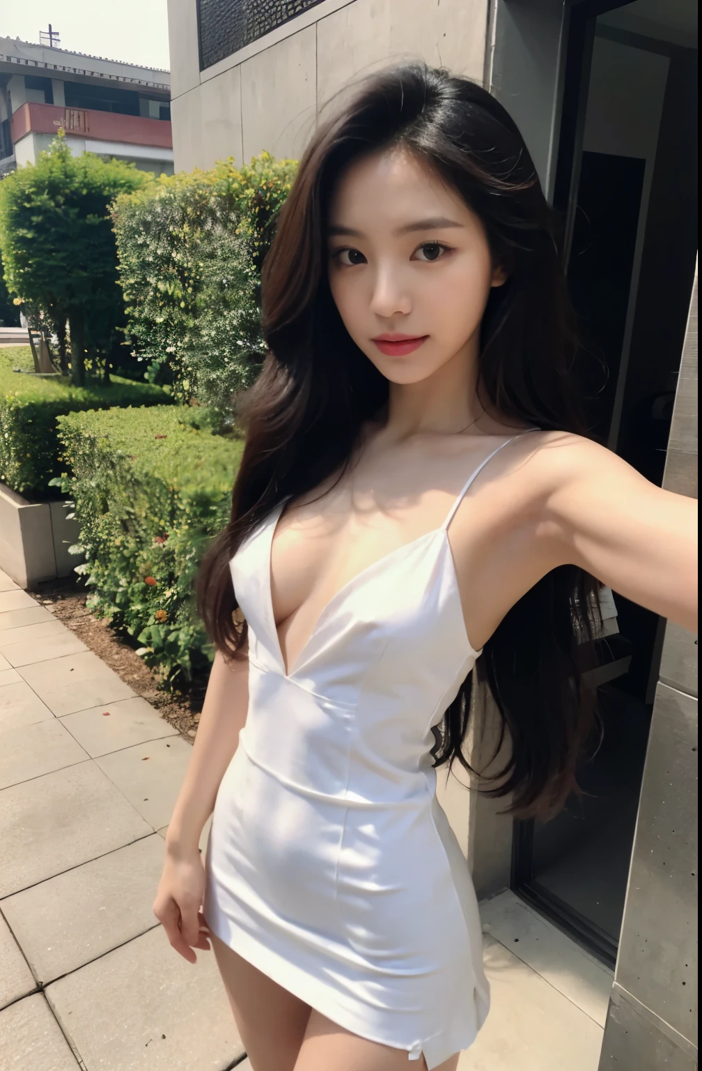 Skinny asian flat chest, long hair, ((small )), close up, dynamic angle, photorealistic, high resolution, looking at viewer, sharp focus, detailed, professional lighting, full body, natural colors, white dress and miniskirt, selfie shot
