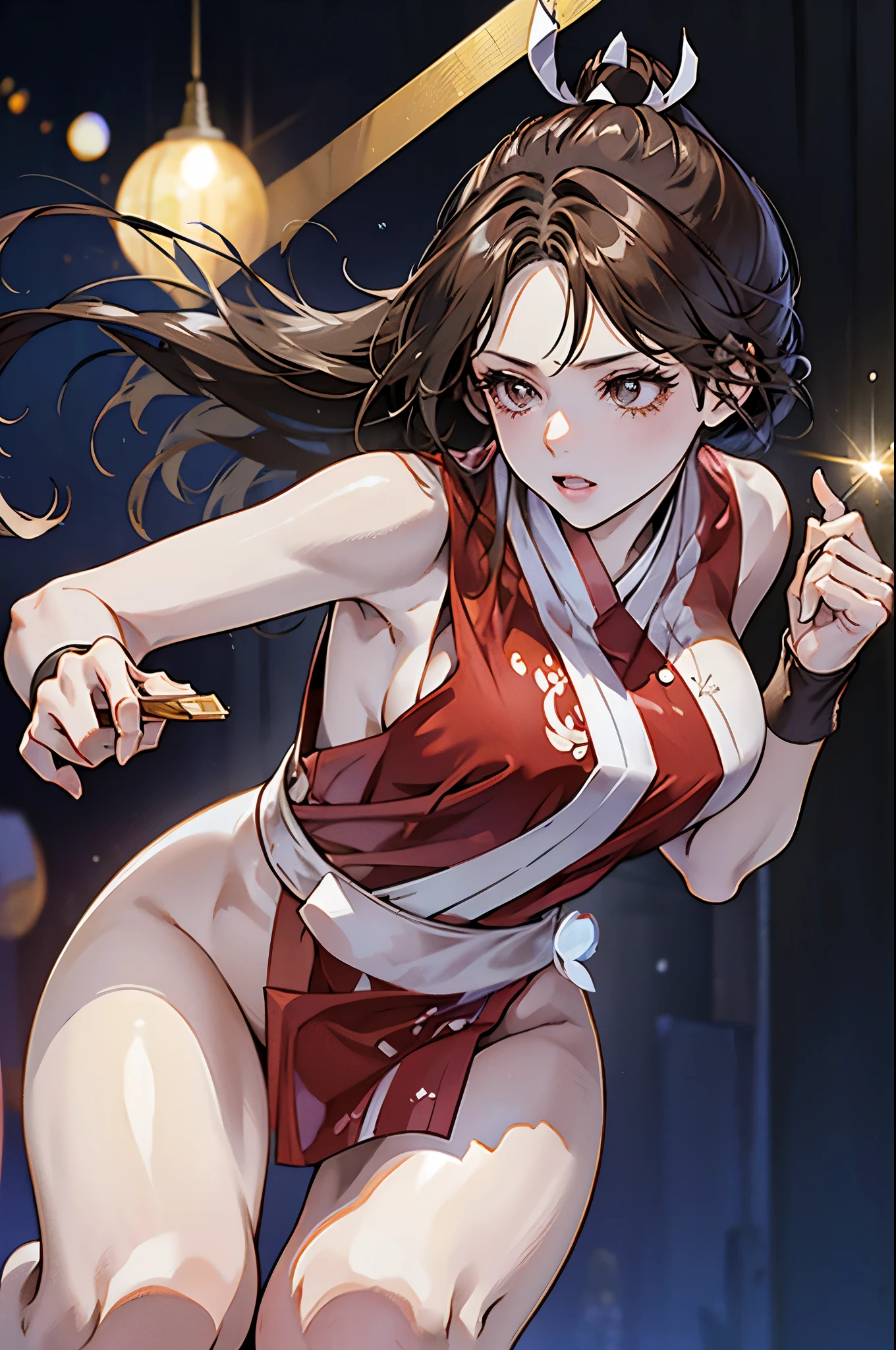 8K,top-quality,Real Image,intricate detailes,超A high resolution,Depth Field,masuter piece,natural soft light,profetional lighting,1 girl in,(cute little:1.2),Very beautiful 17 year old cartoon girl, photorealistic anime girl render, realistic anime 3 d style,A detailed eye,((Brown-eyed)),(Brown hair), Blake Super Detail Face, Detailed eyes, (Colossal tits: 1.2),mai shiranui, Bare shoulders, Brown High Ponytail, hair tie, Slim abs: 1.3,Full body, stylish hair, big breasts thin waist, Perfect clavicle, ((No bra)), ((Wide Open Chest Red Mini Dress)), Beautiful eyelids,Hair Ornament, ear ornament,((Holding a fan))
