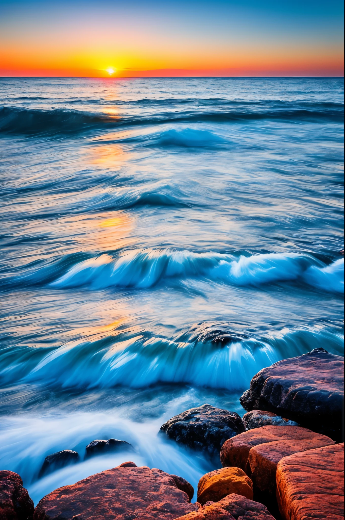 Gorgeous sunrise background with sea, blue water
