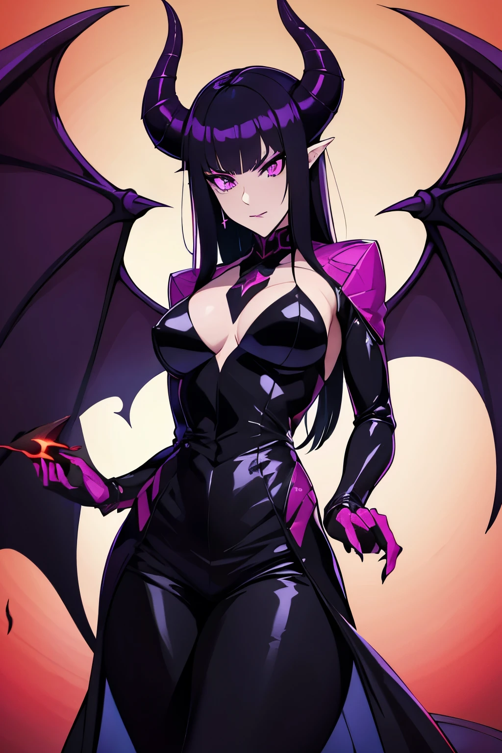 demonic, 1girl, evil, reptilian body, humanoid, masterpiece, best quality, highres, absurdres, black hair, purple eyes, evil goddess, creature tail, devil horns, devil wings, queen uniform, menacing, horrifying, scary