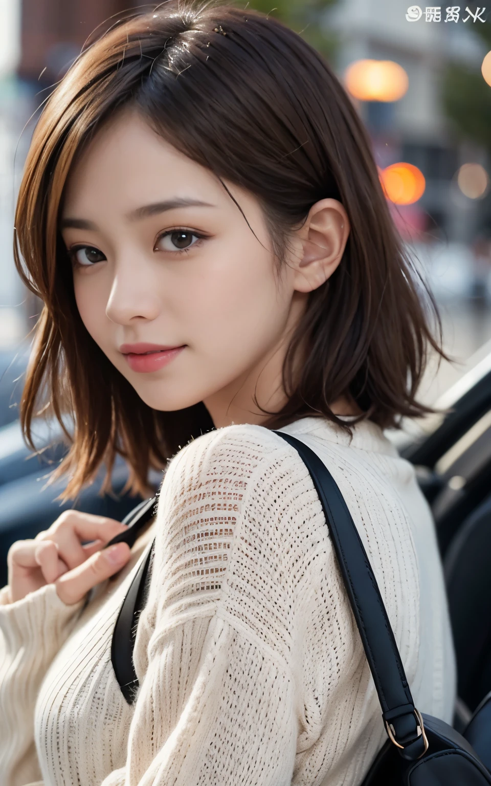 cute 21 year old japanese、clear sky、shopping、city、super detail face、pay attention to details、double eyelid、beautiful thin nose、sharp focus:1.2、Beautiful woman:1.4、(light brown hair,short hair、),pure white skin、highest quality、masterpiece、ultra high resolution、(Photoreal:1.4)、Highly detailed and professional lighting、nice smile、show your whole body、red sweater、