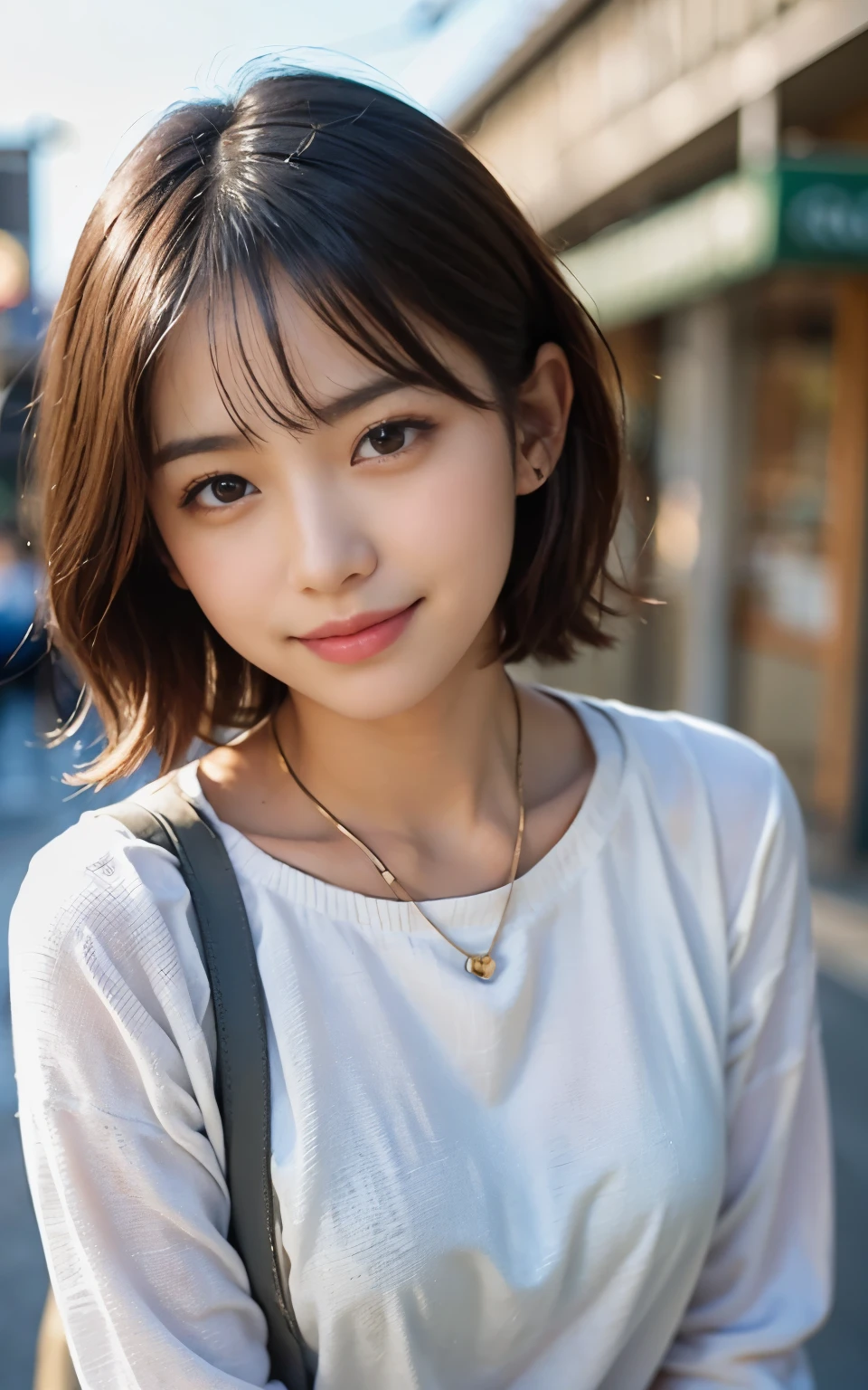 cute 21 year old japanese、clear sky、shopping、city、super detail face、pay attention to details、double eyelid、beautiful thin nose、sharp focus:1.2、Beautiful woman:1.4、(light brown hair,short hair、),pure white skin、highest quality、masterpiece、ultra high resolution、(Photoreal:1.4)、Highly detailed and professional lighting、nice smile、show your whole body、red sweater、