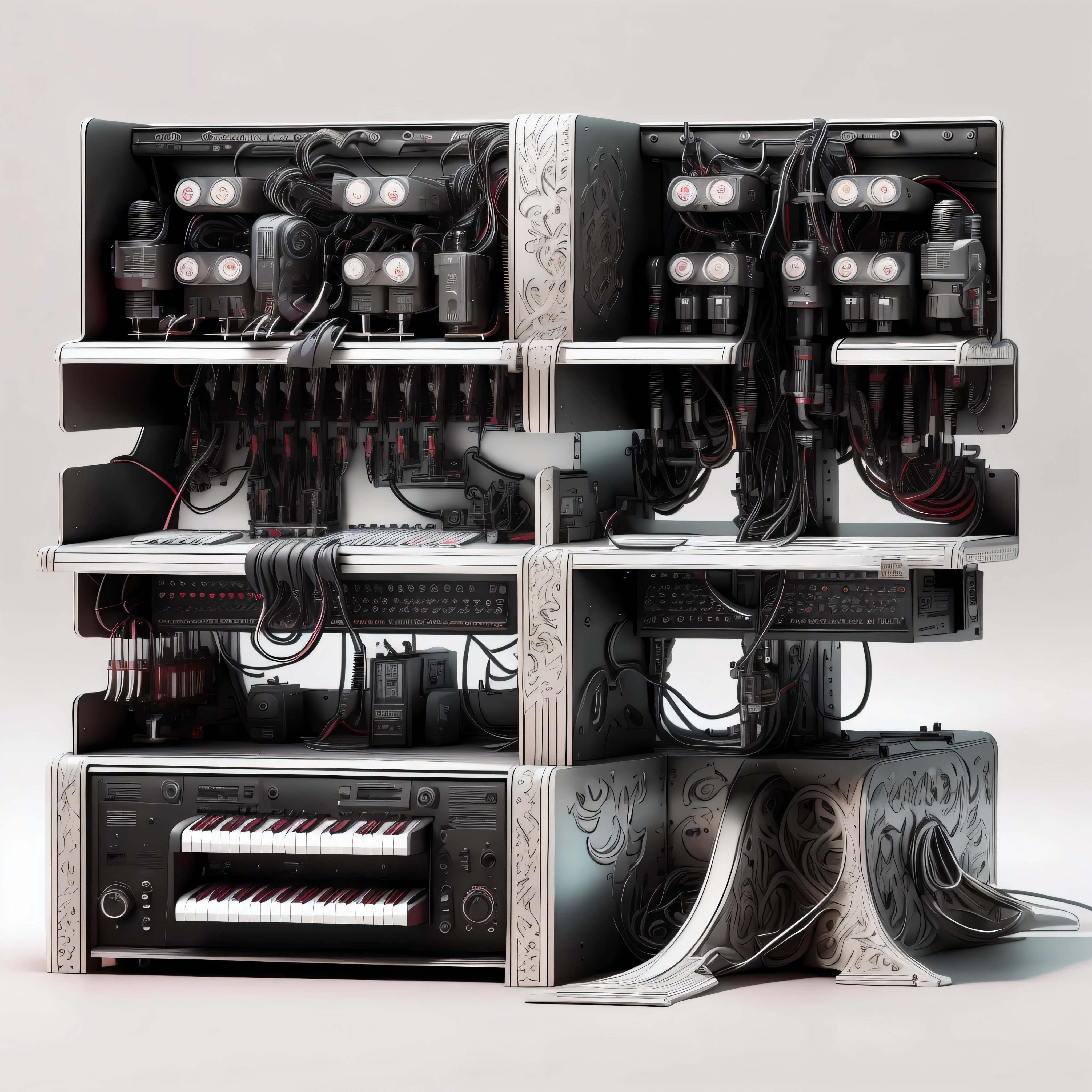 masterpiece，best quality，super detailed，Small stage，band，microphone，electric guitar，mixer，vocal，keyboard，dark gothic pattern，earphone，Indoor light，vacuum tube