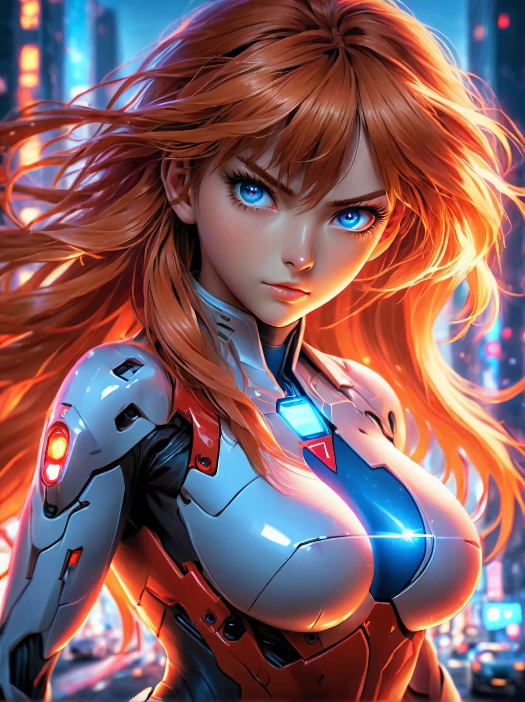 asuka langley, colorful neon lights, sharp focus, (best quality, 4k, highres, photorealistic:1.37), detailed facial features, fiery red hair, intense blue eyes, determined expression, red pilot uniform, futuristic cityscape background, vibrant colors, (hyperrealistic), (illustration), (high resolution), (8K), (extremely detailed), (best illustration), (beautiful detailed eyes), (best quality), (ultra-detailed), (masterpiece), (wallpaper), (anatomically correct), (solo), (1 girl), (high detailed realistic hair), (heterochromic eyes), (detailed eyes), (sparkling eyes), (realistic big breasts:1.5), (exposed nipples breasts:1.35), (long legs), (slender abs), (dynamic pose), (closed tiny mouth:1.3), (nsfw), (concentrated expression)