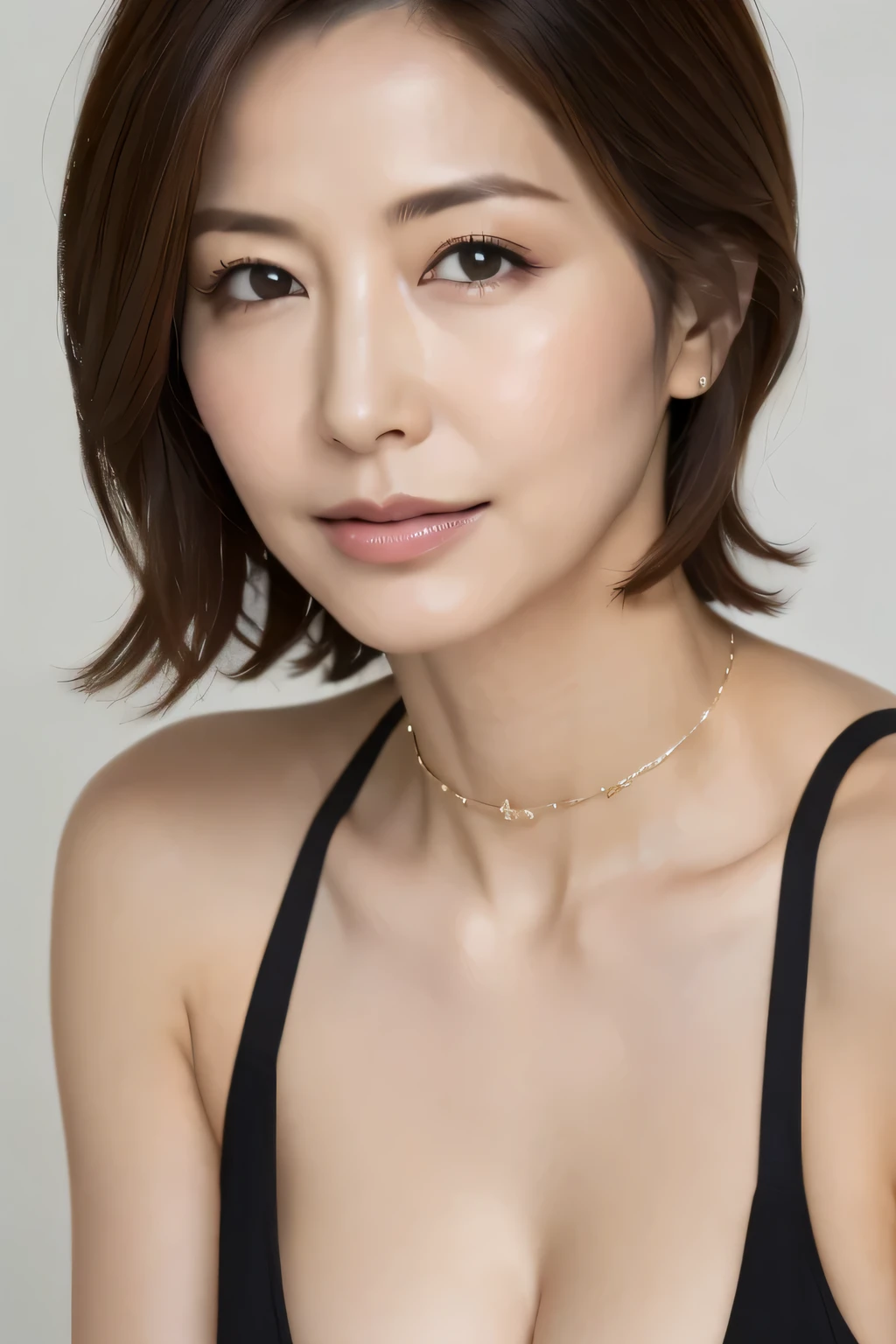 (highest quality,8K,32K,masterpiece,UHD:1.2),Beautiful Japanese woman in the photo,big cleavage,very short bob hair,Upper body,surface focus,choker necklace,simple back gown,From above,looking at the viewer,Apply a moisturizing mask to your face,Shiny and transparent mud