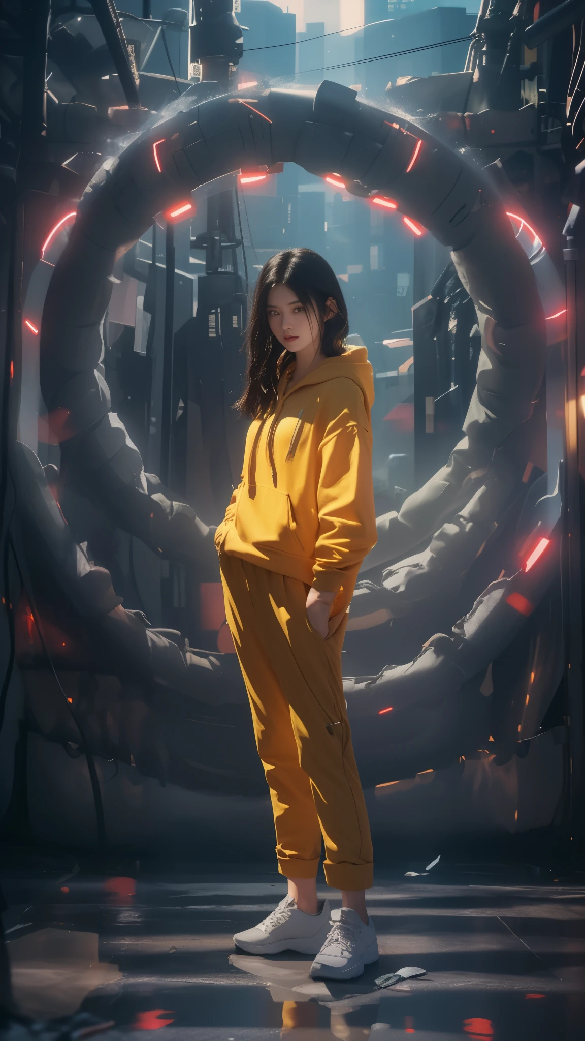 Best quality at best, Top image quality, wallpaper 16k, Raw image, realistic texture masterpiece: 1.9, (((medium long shot))), blur background, image must taken from medium long shot, hyper realistic:5.5, realistic all object texture, (relax pose), relax hand, black gradient white hair, realistic beautiful chinese female, epic dramatic cinematic, Ultra-realistic light, soft lighting, (( perfect female hair masterpiece)), medium long or shorts hair with light black hair, 18-year-old face woman, eye detail masterpiece, pores1.5, realistic skin masterpiece, realistic shadow, slender legs, very slender female physique, yellow jumper hoodie, oversize hoodie, realistic solid cotton wearing masterpiece, realistic solid shoe, 1Girl, tall girl, background 8.5, brunette black hair, Chinese woman, Live the life of Riley, ((long solid cotton trousers)), clear sky:1.3, cyberpunk backpack, sneaker shoe, strong reflection, lighting from side, dramatic side lighting, Background blur, mystical dark japanese steampunk city neon glow light portal: 1.2, light ray realistic masterpiece, warm sun light, warm ray light: 1.2, glow light: 1.2, random light color for the best combination, cinematic grains:1.4, tmasterpiece, masterpiece, ((masterpiece)), (falling glow particle), (taken from below-up perspective shot), image taken from fujifilm xt-3 with Fujinon 50mm lens, appeture f2, shot from below perspective, octan render hyper-realistic power max, Pulitzer Prize for Best Photography, Taylor Wessing Award for Best Photography, Blur the background with a sickle. White smoke foreground and background. Realistic asian female body. Using Photography techniques: Rule of Thirds, Centered Composition and Symmetry, Foreground Interest and Depth, (Frame with the frame), (rule of space), (shot from below), anime tone color, vivid color, vivid glow color masterpiece, reflection:1.5, ultra detail solid trousers, realistic hoodie, super detail of realistic wearing, oval head face, (( strong contrast))