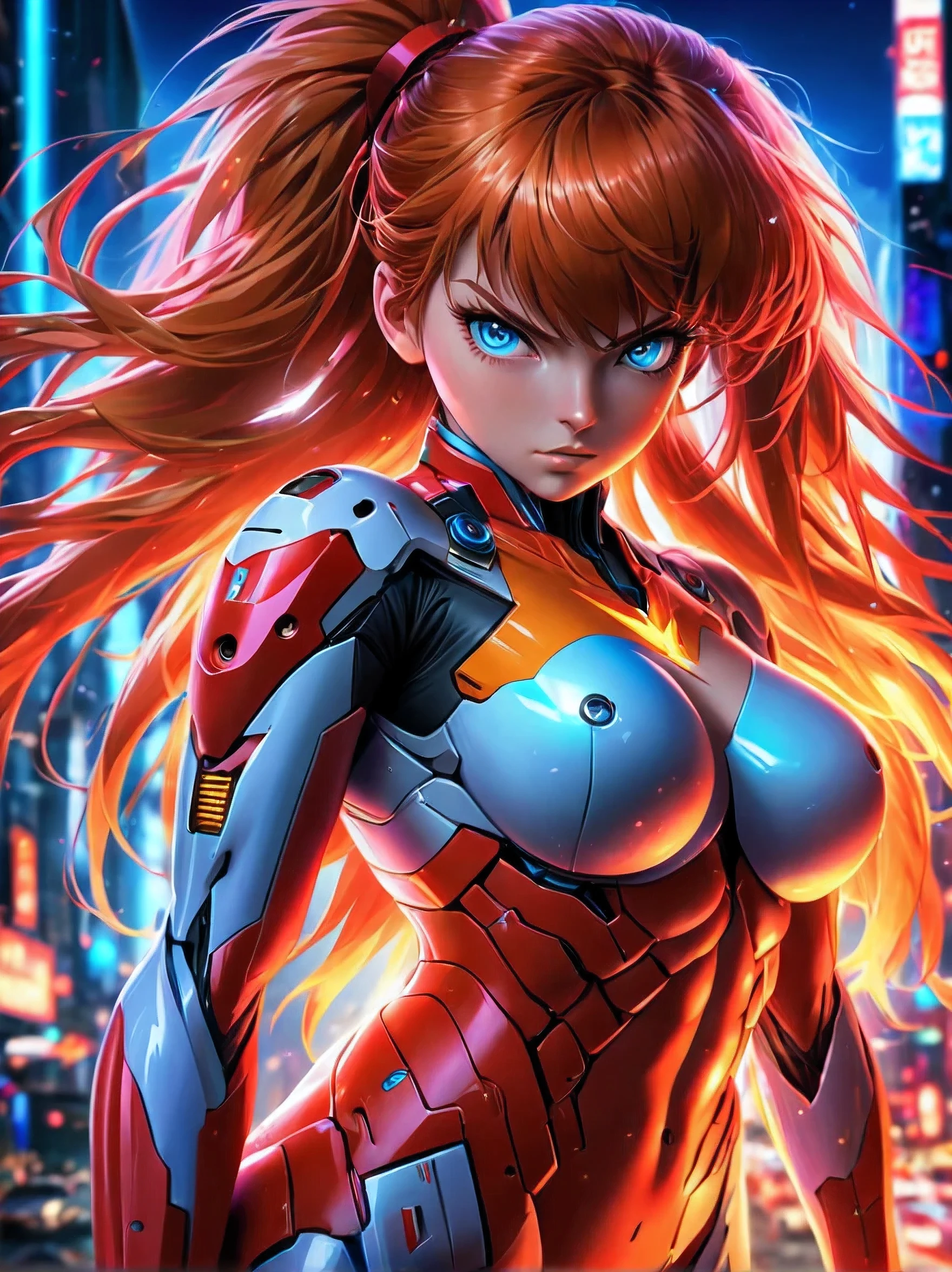 asuka langley, colorful neon lights, sharp focus, (best quality, 4k, highres, photorealistic:1.37), detailed facial features, fiery red hair, intense blue eyes, determined expression, red pilot uniform, futuristic cityscape background, vibrant colors, (hyperrealistic), (illustration), (high resolution), (8K), (extremely detailed), (best illustration), (beautiful detailed eyes), (best quality), (ultra-detailed), (masterpiece), (wallpaper), (anatomically correct), (solo), (1 girl), (high detailed realistic hair), (heterochromic eyes), (detailed eyes), (sparkling eyes), (realistic big breasts:1.5), (exposed nipples breasts:1.35), (long legs), (slender abs), (dynamic pose), (closed tiny mouth:1.3), (nsfw), (concentrated expression)