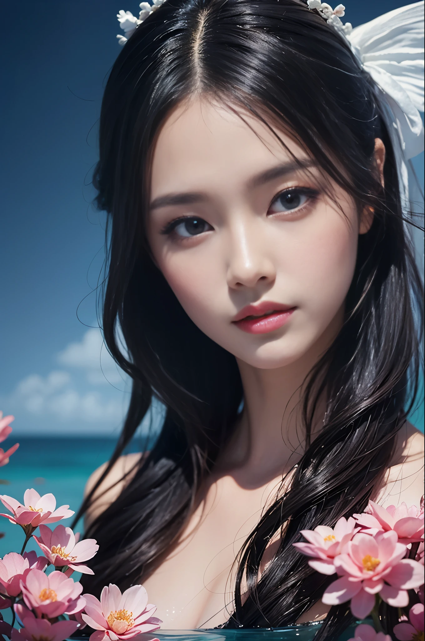 The beauty of black hair and flowers floating on water、beautiful beauty、beautiful digital illustrations、Beautiful artwork illustration、beautiful digital artワーク、美しいamazing digital art、beautiful digital art、asian female water element、amazing digital art、非常にbeautiful digital art、Close up fantasy with water magic、beautiful fantasy art、beautiful digital paintings、beautiful digital illustrations、gorgeous digital painting、wearing a robe like a celestial maiden.、