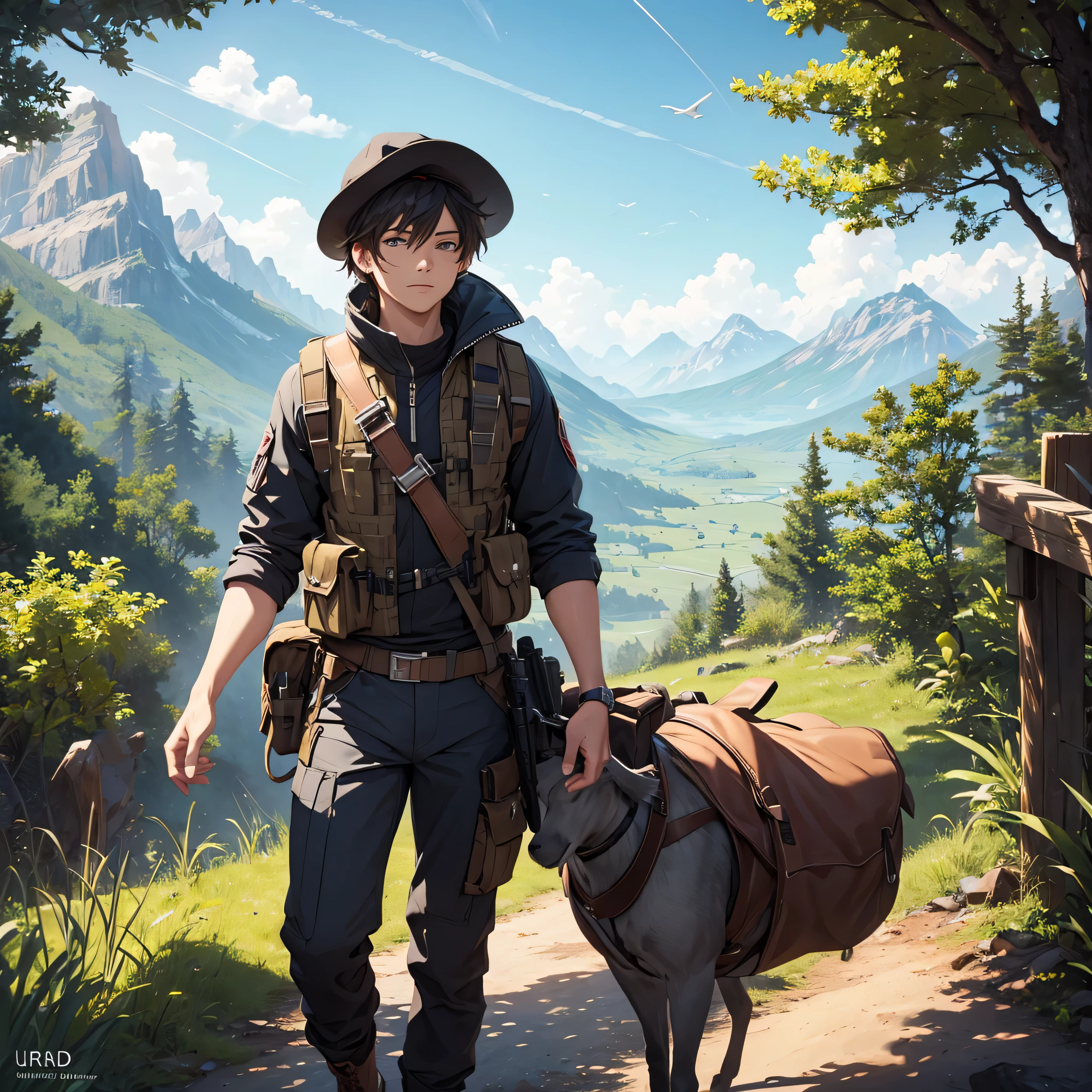 (High quality, 4K, HDR) 1 boy, adventurer, hat, trail clothes, brave adventurer, beautiful colors in the sky, birds in the background, animal, harmonious forest on a large scale, pants. (masterpiece, ultra realistic professional lighting, ultra thin 8K, fine texture of detailed background, sharp face with perfect strokes.