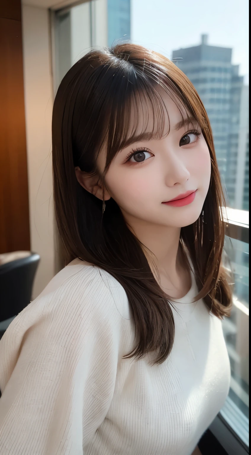 table top, highest quality, shape, Super detailed, finely, High resolution, 8k wallpaper, 完璧なダイナミックな構shape, beautiful and detailed eyes, classy and gorgeous winter dress,straight hair,,natural color lip,smile,20 year old girl、cute、Sexy looking at camera,Always blur the background,perfect and beautiful face,Take only the face,beautiful and detailed face、slim face and style、Big eyes、elegant face、beautiful and detailed face、KPOP idol face、japan idol face、Big eyes、Party venue on the top floor of a high-rise hotel、background is blurry、Take a full body photo