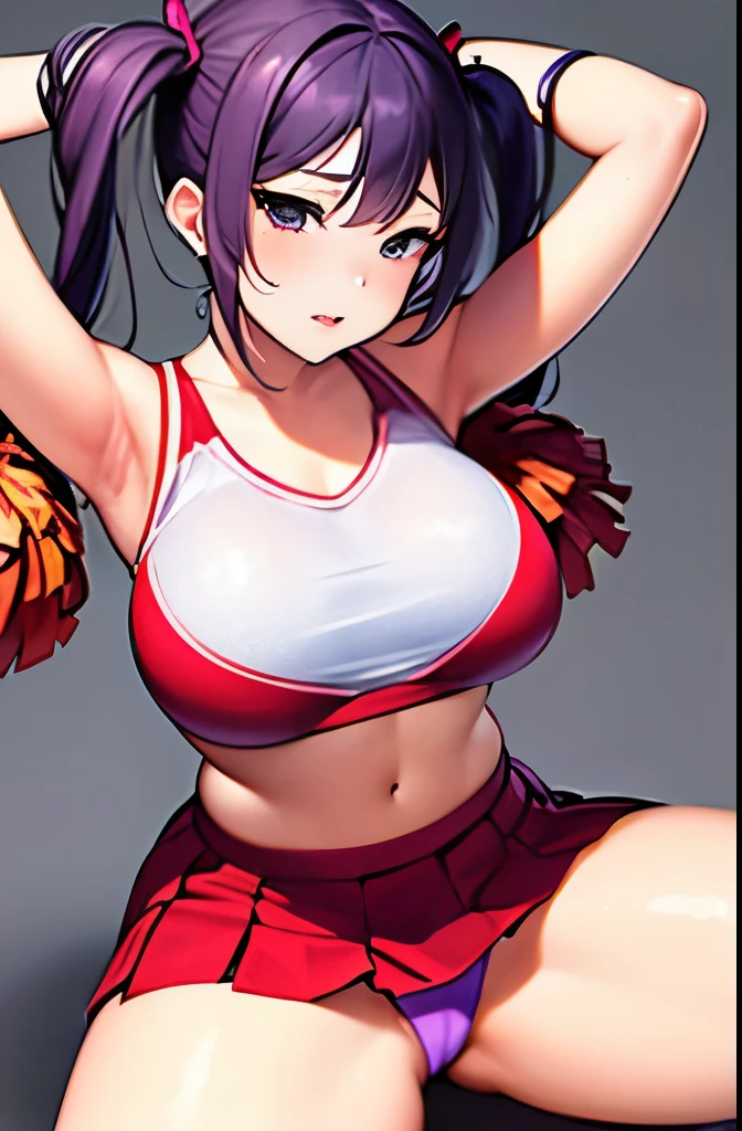 {{{masterpiece}}}, {{{best quality}}}, {{ultra-detailed}}, {illustration}, {{an extremely delicate and beautiful}},(Only One Woman)、((woman wearing cheerleader costume, wear a skirt of))、anime girl cosplay, very big breasts、big thighs、I can see your panties、hands behind head、((Face forward and open your legs wide))、squat down、blurred background、((purple hair、twin tails))、Love Live Cosplay、Seductive look、embarrassed look