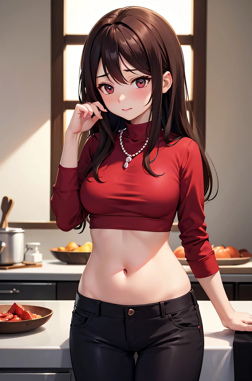 super fine illustration, vibrant colors, masterpiece, sharp focus, best quality, depth of field, cinematic lighting, ultra detailed, red shirt , mock neck, MILF, 1 woman, solo, tummy, navel, kitchen, looking down, medium breasts, long hair, long pants, pearl necklace, dark brown hair, blushing, hand covering mouth
