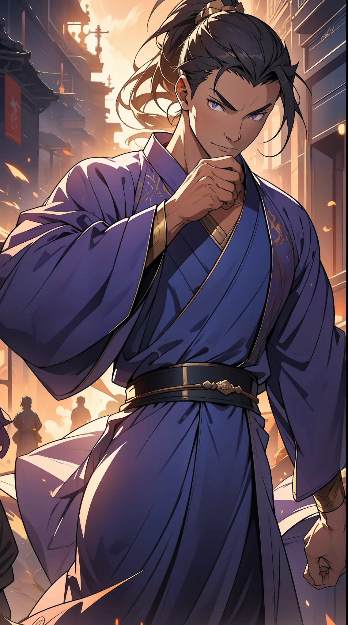 Two dimensions,anime style,one person(male warrior),proportions are correct,facial details,swordsman,high ponytail hairstyle,neck detail,Have an Adam's apple,Purple robe,joke,purple robe,clothing details,Hand over,long sleeves,Game quality,fencing,draw sword,dynamic view,Ray tracing,Ray tracing,Detailed glow,CG rendering,hair details,long purple hair,purple eyes,Handsome,Handsome,(Youthful feeling),Clothing is complicated,Perfect composition,refine,high quality,higher details,many details,Complex background,a sense of atmosphere,