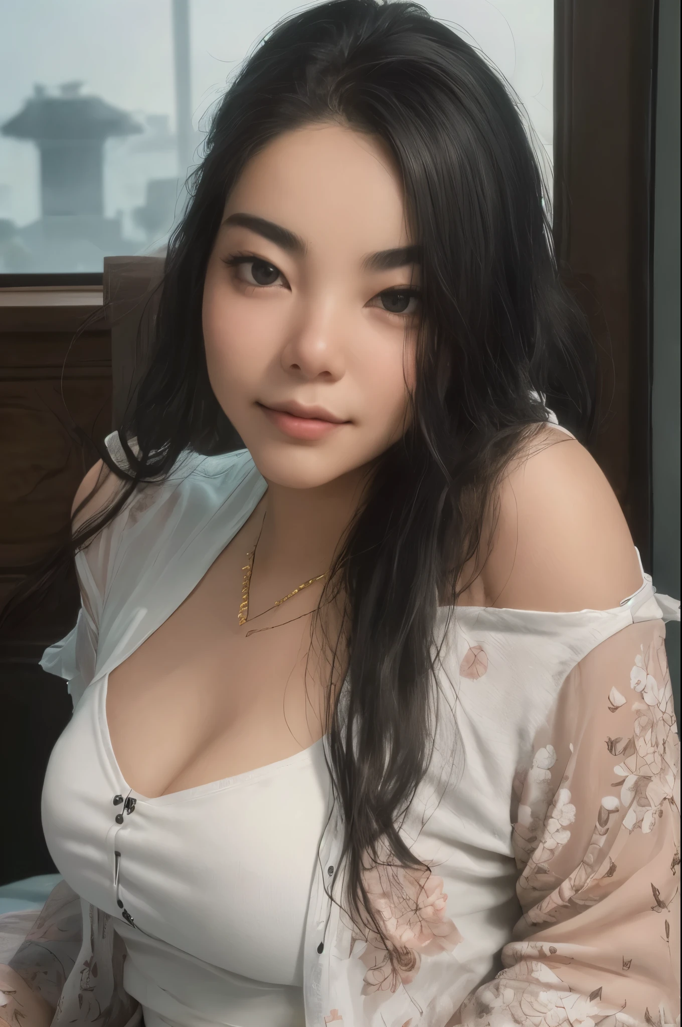 Thailand,ultra realistic 8k cg, picture-perfect face, flawless, clean, Masterpiece, professional artwork, famous artwork, perfect face, Beautiful face, beautiful eyes, ((perfect woman&#39;body)), alone,(Immersive atmosphere, chiaroscuro:1.5,light:1.2,light)
,,(Blush:0.5),seductive expression,very detailed_eyes,thick thighs,big breasts, 25 years old, girl,Beautiful smile, beautifully detailed background.,depth of field,realistic:1.3, Long shot,1 girl,shirt, Random color printed silk kimono, sit, Beautiful face, bodyที่สวยงาม, Beautiful dress, full body, Big tits,Can&#39;t see hands,Hide hands,Can&#39;t see fingers,underwear
(Ambient light:1.3),(cinematic composition:1.3),(neon light:0.1),(HDR:0.1),Accent lighting, UHD, Highly detailed, hyper realistic,girlใหญ่, open shoulder