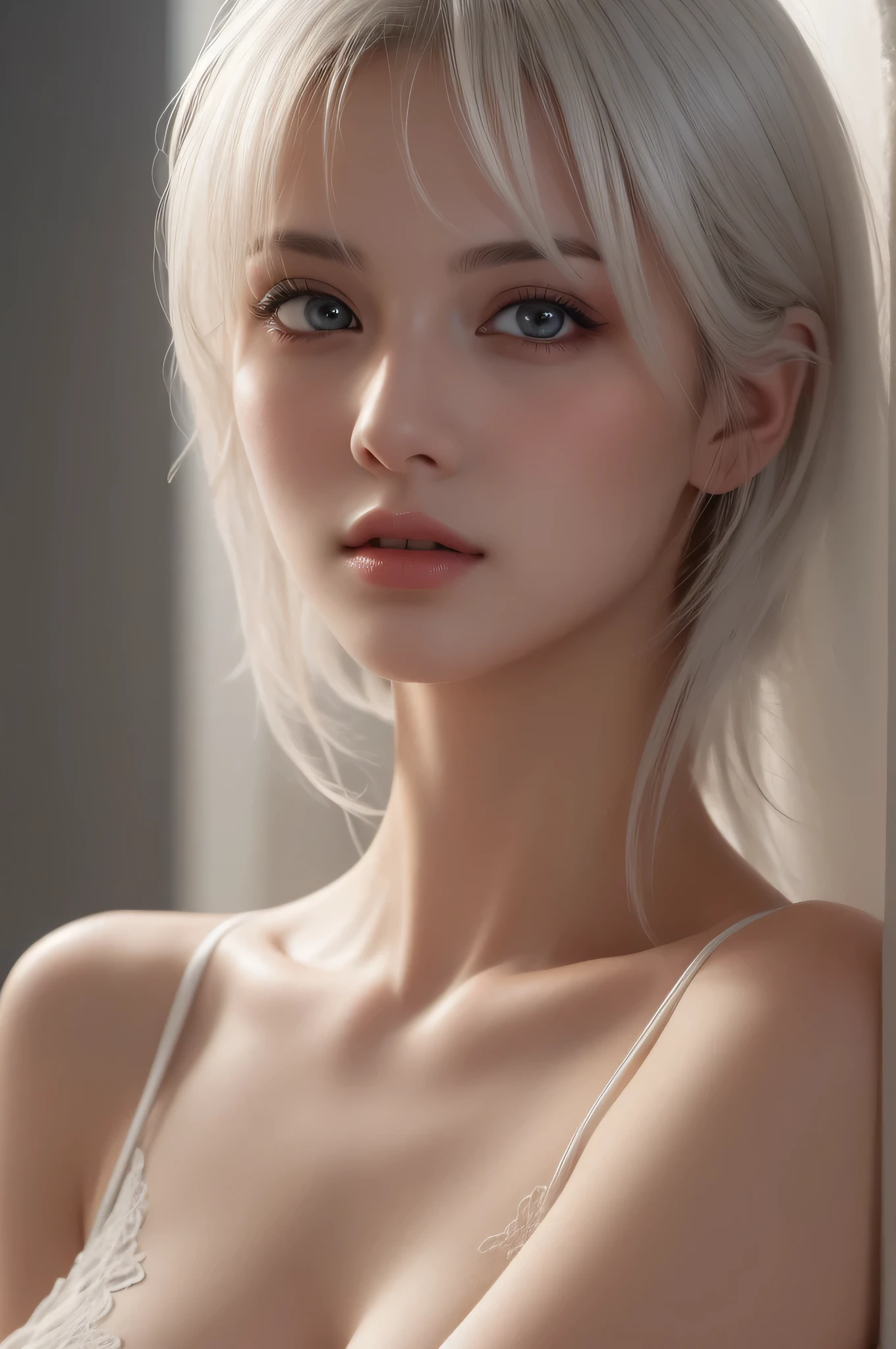 1 girl, (highest quality:1.4), (super detailed), (detailed light), (Highly detailed beautiful face), wonderful face and eyes, gray hair, Beautiful sheer lace details, beautiful breasts, nipple, Highly detailed CG integrated 8k wallpaper, High resolution raw color photos, professional photos, dynamic lighting, Depth of bounds written