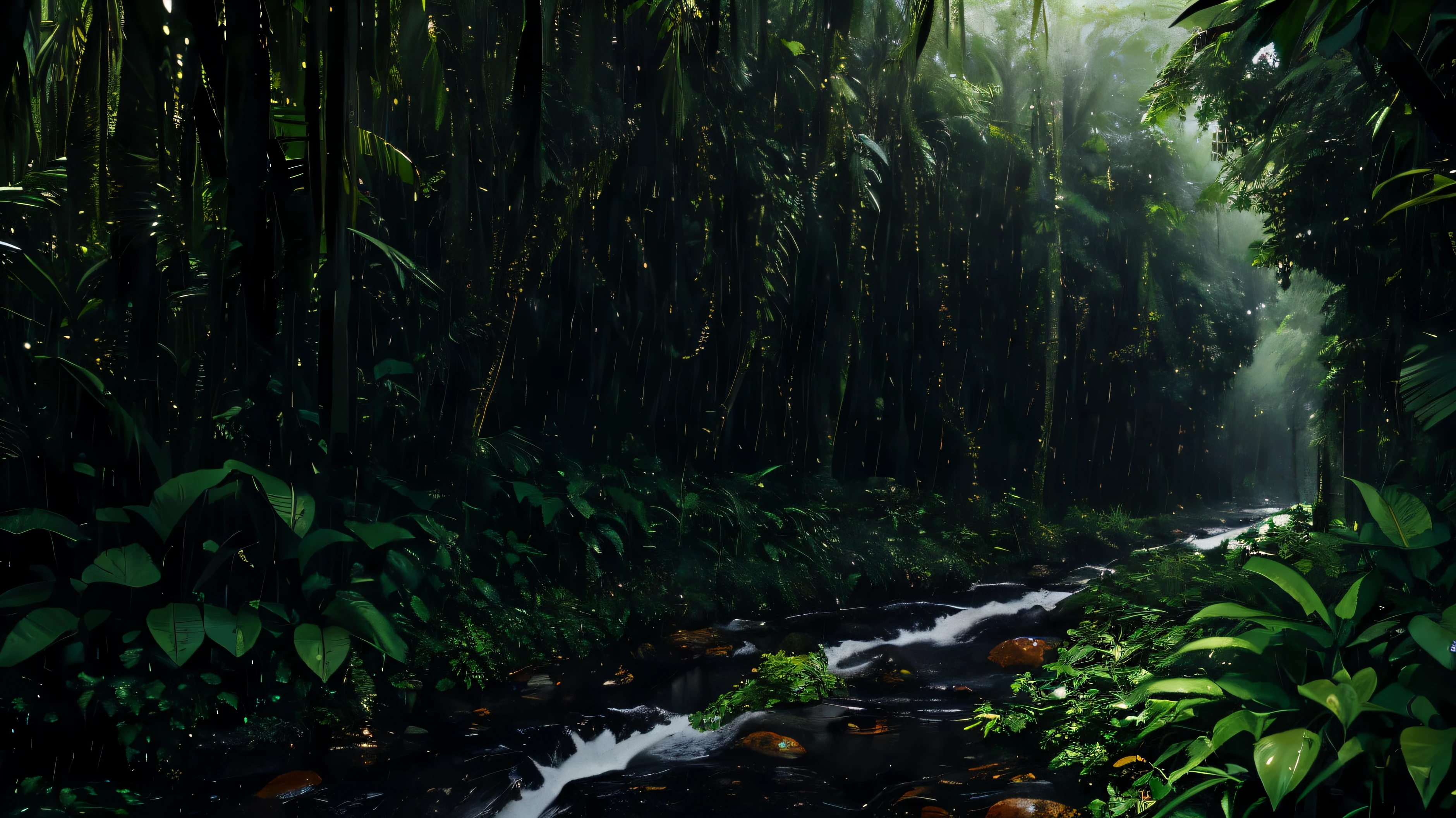 A jungle, with intense rainfall, monochromatic, vines all around, giant and wet trees, masterpiece, best quality, high quality, extremely detailed CG unity 8k wallpaper, oil paiting, award winning photography, Bokeh, Depth of Field, HDR, bloom, Chromatic Aberration ,Photorealistic,extremely detailed, trending on artstation, trending on CGsociety, Intricate, High Detail, dramatic, art by midjourney, volumetric lighting
