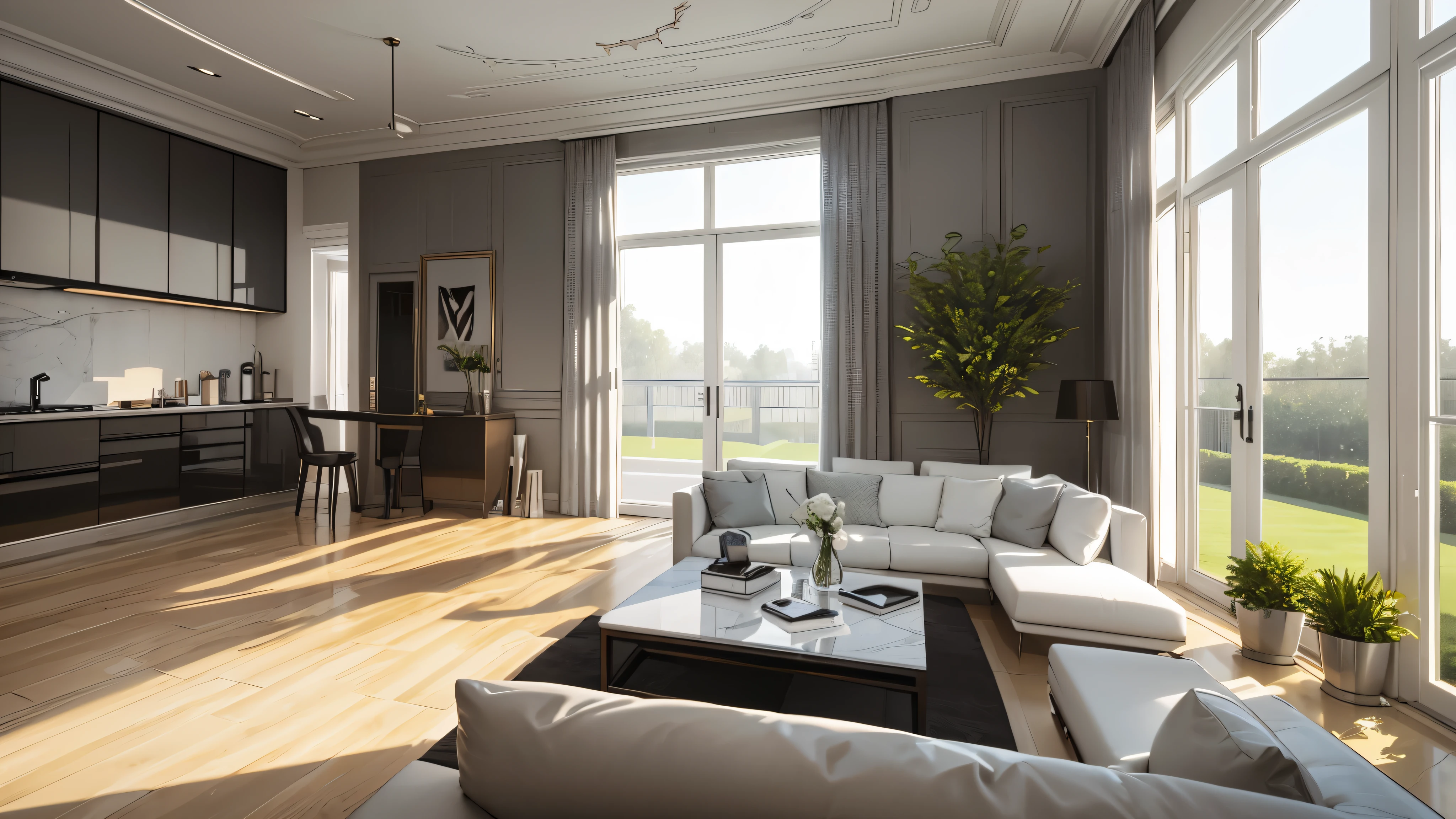 You are a famous interior designer、You have been asked to create a 3D image of a modern large room. Create a harmonious environment with modern and minimalist furniture. Including garden interior.