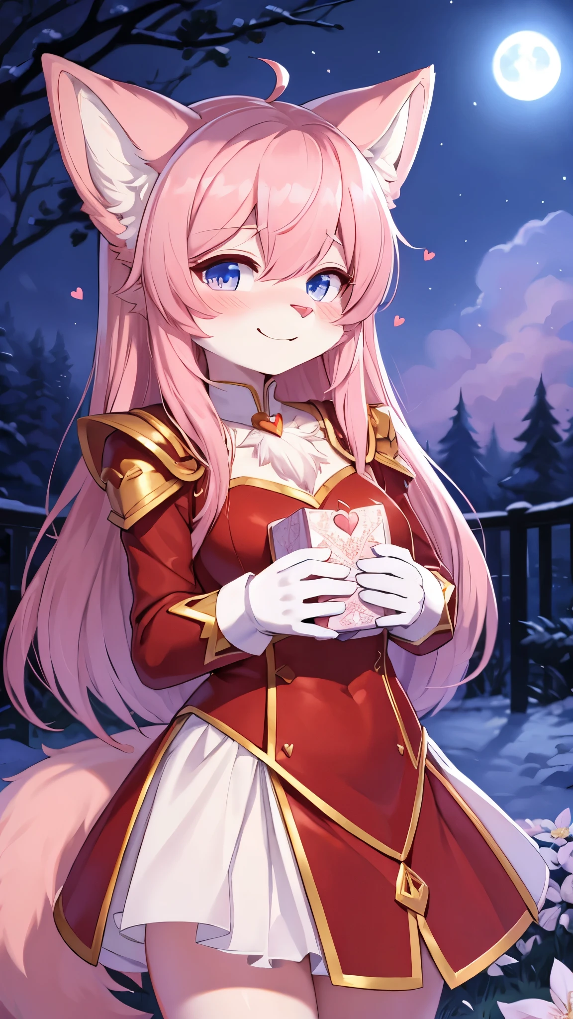 (fluffy anthro furry: 1.6),best quality,best resolution,cat girl,pink long hair,pink fur,cat tail,cat ears,red armor with heart shape gemstone in chest,white mini skirt,red grave,white gloves,smile,close eye,lovely face,full face blush,hold chocolate present box,looking at viewer,a lot of heart eyes,night,moonlight,white flower garden