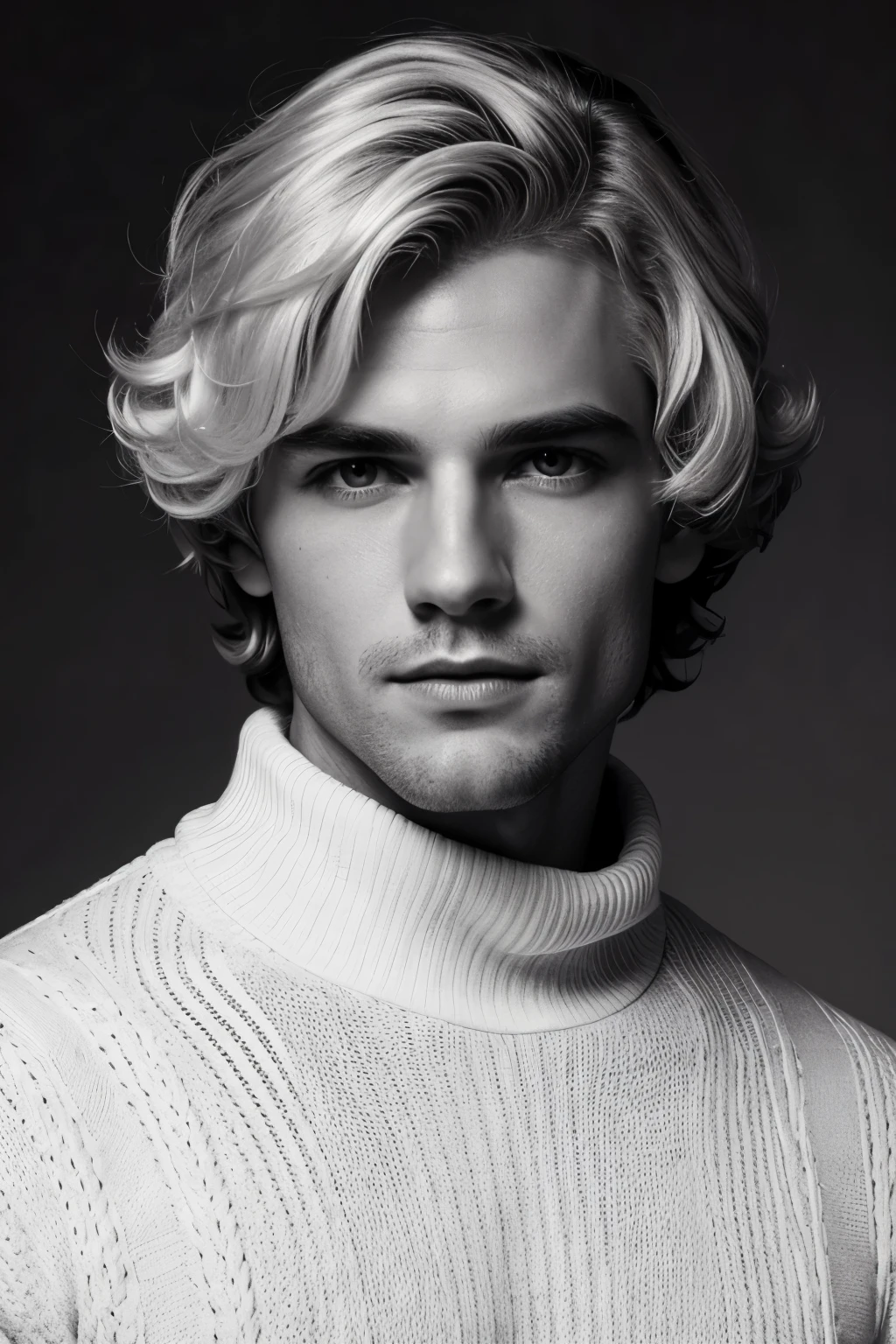 Photo-BW, Man-Picture, photomodel, bob hair,white curly hair, black sweater with turtleneck, grey background
Portrait-anfacial medium photo