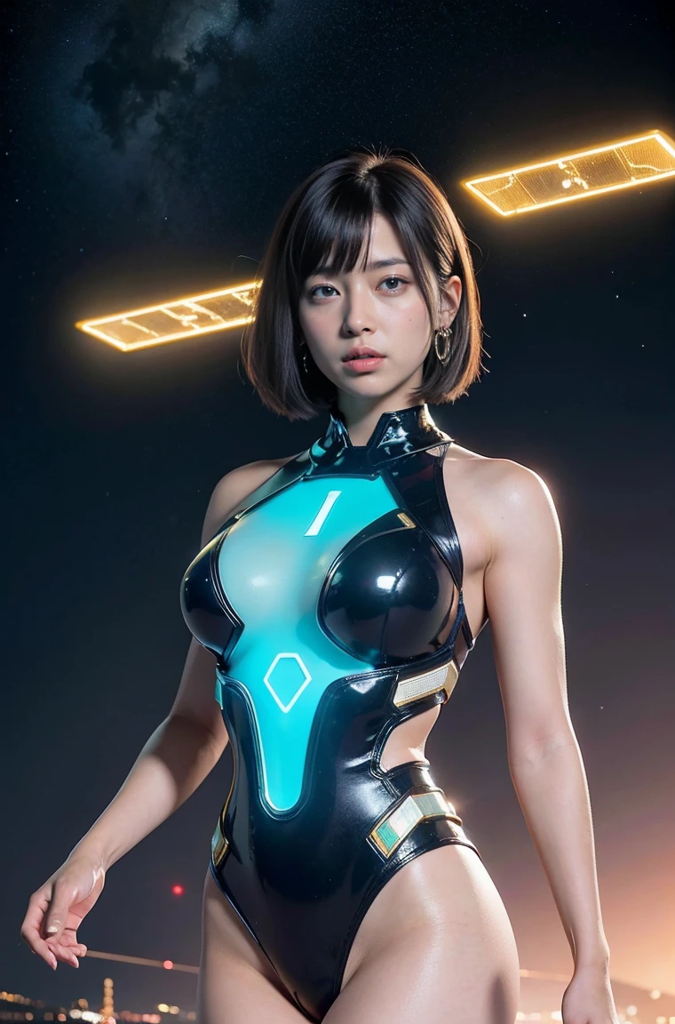 (RAW photo, highest quality), (realistic, Photoreal:1.3), 1 girl, bob cut、earrings、luminous headband、realisticbody,old space costume、ancient japan、giant rocks、Ancient rituals、Pyramid-shaped spacecraft flying from space、laser light、