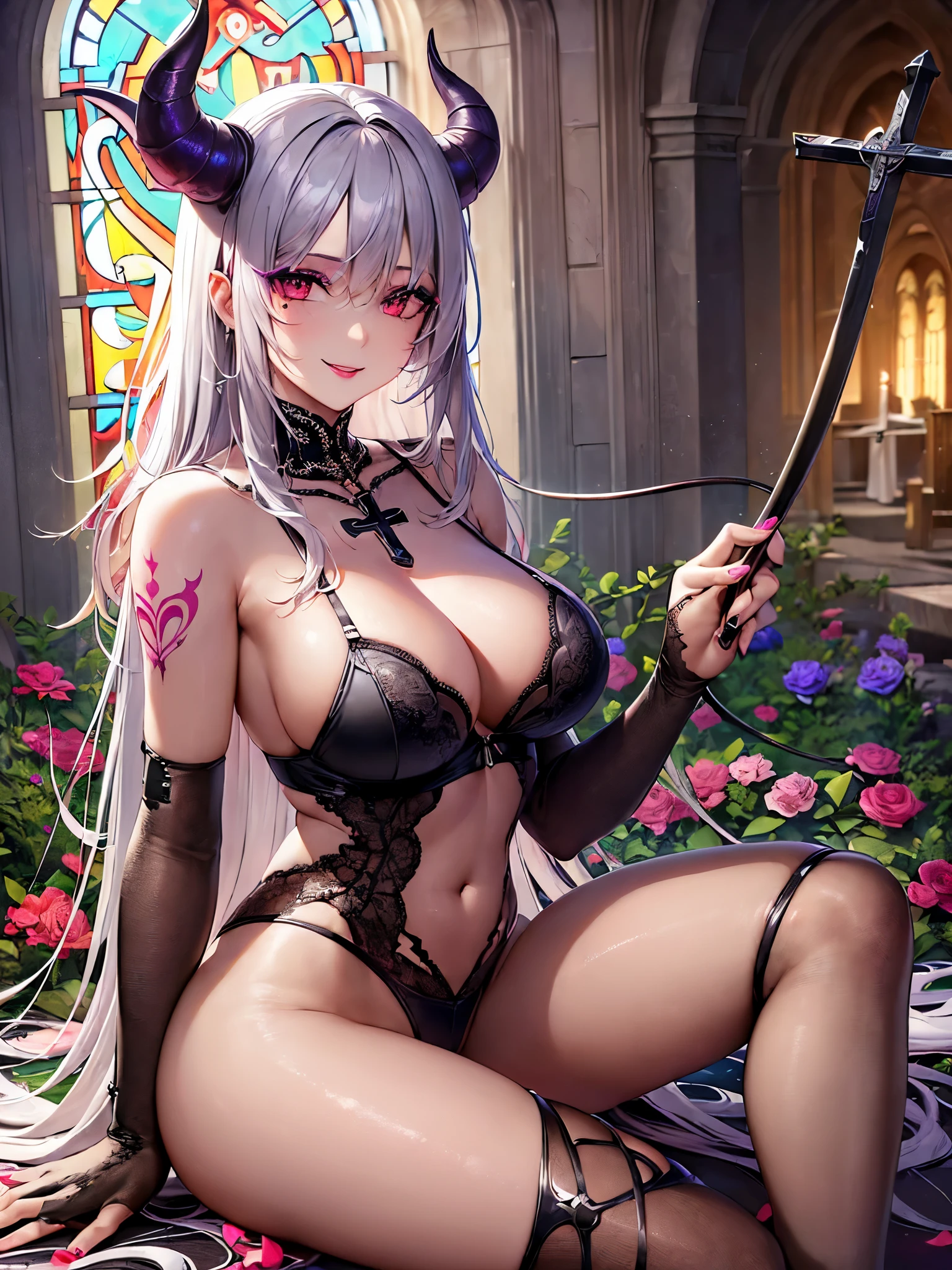 ((highest quality)),(ultra high resolution),(Super detailed),(detailed description),((best CG)),(best work of art),super precision art,great drawing art,(Art with precise details:1.5), (one female demon:1.8),(beautiful and well-shaped face:1.5),(Snake's Eye:1.5,(flashy makeup:1.6),A corner that curves in a large circle:1.6,(bewitching smile:1.6),(Exquisitely detailed lingerie:1.4),(Nasty tattoos:1.5),(Beautiful leg lines:1.5),(Provocative sexy poses:1.7),camel toe:1.5, (destroyed church:1.7),(broken cross:1.5),(withered flowers:1.6),