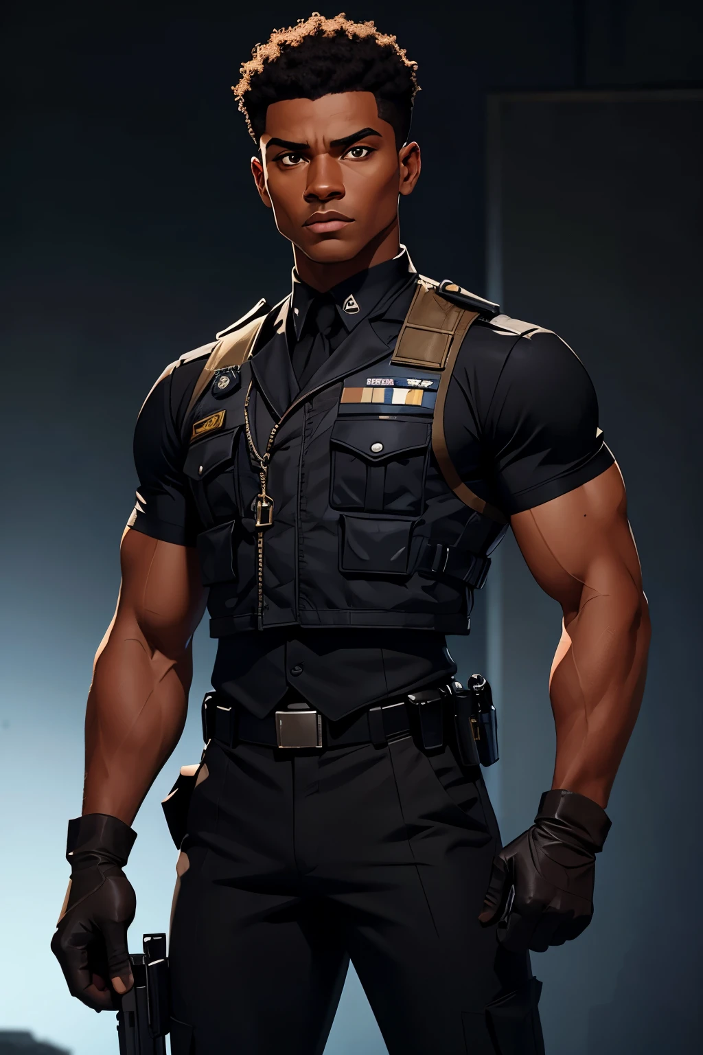 short hair and dark skin, male police officer with Afro-descendant features, short hair combed back, light brown eyes, defined arm muscles, wearing gloves, with black military vest and dark military pants, male police officer, in a dynamic pose