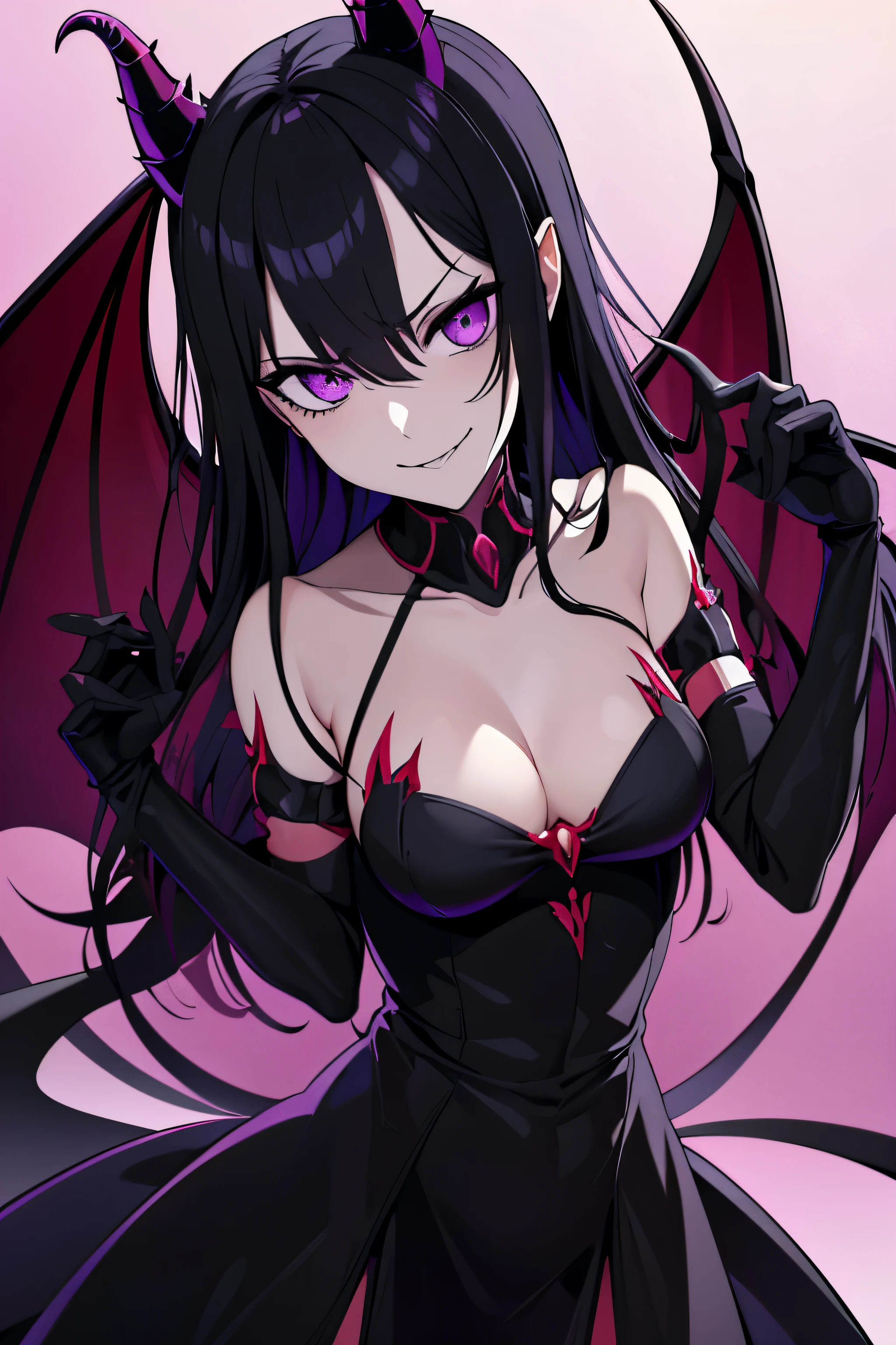 demonic, 1girl, evil, reptilian body, humanoid, masterpiece, best quality, highres, absurdres, black hair, purple eyes, evil goddess, creature tail, devil horns, devil wings, menacing, horrifying, scary, demonic queen uniform, red, purple, black, evil smile, yandere, horror