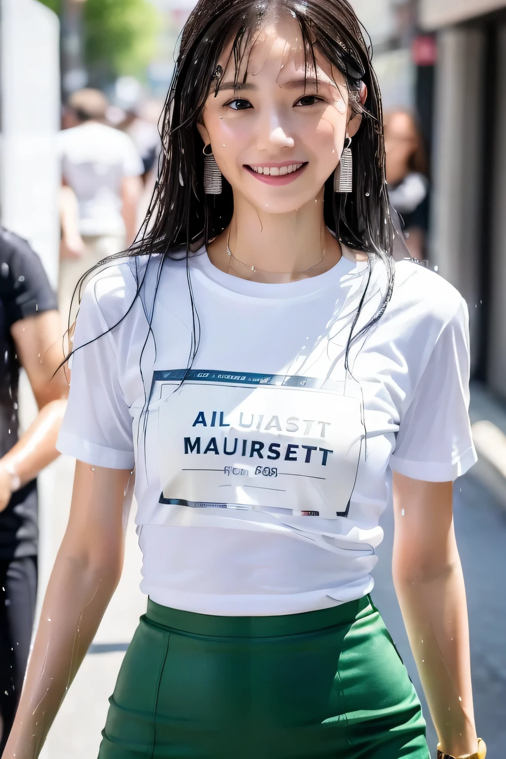 ((top quality, 8k, masterpiece: 1.3)), sharp focus: 1.2, perfect style, a beauty, supermodel: 1.2, Waist contraction, beautiful legs, tight skin, ((wet skin: 1.4)), ((sweaty: 1.2)), (upper body shot: 1.2), (Come here), (Embrace), Highly detailed facial and skin textures, exquisite eyes, double eyelids, professional lighting,Create pale cheeks, small necklace, small earrings, bracelet, (layered hairstyle), (((t-shirt: 1.4)), (wearing a tight skirt), (G cup bust: 0.8), (Natural breasts, Natural splitting), (Haibin Street: 1.2), (shy smile: 1.1)