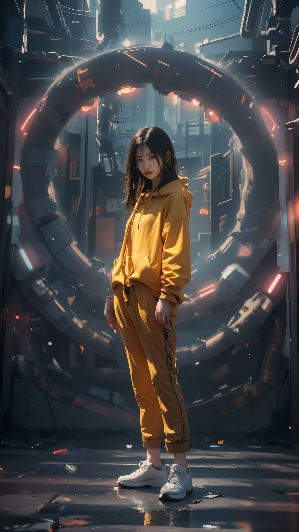 Best quality at best, Top image quality, wallpaper 16k, Raw image, realistic texture masterpiece: 1.9, (((medium long shot))), blur background, image must taken from medium long shot, hyper realistic:5.5, realistic all object texture, (relax pose), relax hand, black gradient white hair, realistic beautiful chinese female, epic dramatic cinematic, Ultra-realistic light, soft lighting, (( perfect female hair masterpiece)), medium long or shorts hair with light black hair, 18-year-old face woman, eye detail masterpiece, pores1.5, realistic skin masterpiece, realistic shadow, slender legs, very slender female physique, yellow jumper hoodie, oversize hoodie, realistic solid cotton wearing masterpiece, realistic solid shoe, 1Girl, tall girl, background 8.5, brunette black hair, Chinese woman, Live the life of Riley, ((long solid cotton trousers)), clear sky:1.3, cyberpunk backpack, sneaker shoe, strong reflection, lighting from side, dramatic side lighting, Background blur, mystical dark japanese steampunk city neon glow light portal: 1.2, light ray realistic masterpiece, warm sun light, warm ray light: 1.2, glow light: 1.2, random light color for the best combination, cinematic grains:1.4, tmasterpiece, masterpiece, ((masterpiece)), (falling glow particle), (taken from below-up perspective shot), image taken from fujifilm xt-3 with Fujinon 50mm lens, appeture f2, shot from below perspective, octan render hyper-realistic power max, Pulitzer Prize for Best Photography, Taylor Wessing Award for Best Photography, Blur the background with a sickle. White smoke foreground and background. Realistic asian female body. Using Photography techniques: Rule of Thirds, Centered Composition and Symmetry, Foreground Interest and Depth, (Frame with the frame), (rule of space), (shot from below), anime tone color, vivid color, vivid glow color masterpiece, reflection:1.5, ultra detail solid trousers, realistic hoodie, super detail of realistic wearing, oval head face, (( strong contrast))