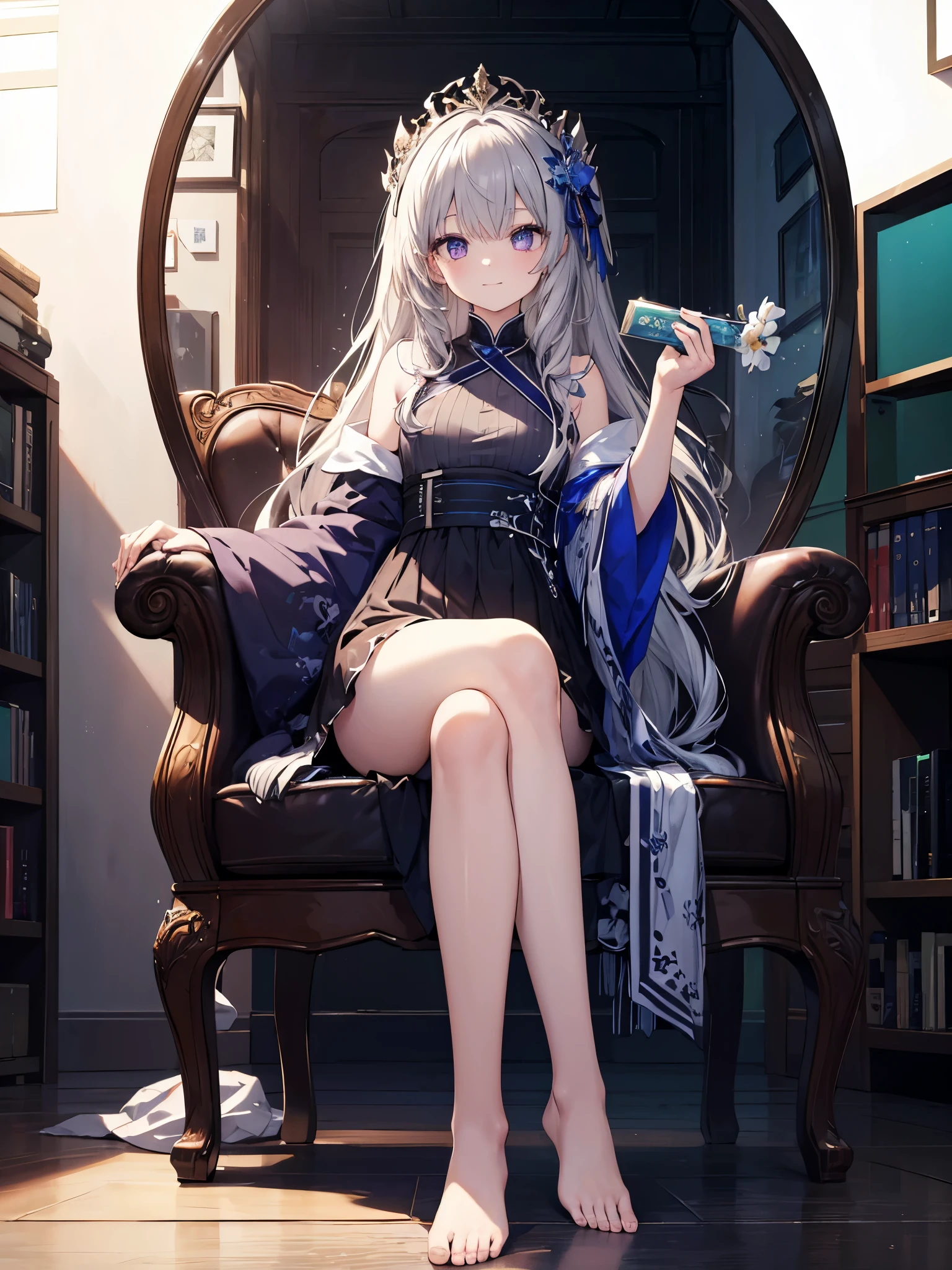 [(transparent background:1.5)::5],(((masterpiece))),(((highest quality))),(((very detailed))),figure, 1 girl,alone,Mysterious,Bright colors,shiny, in water透明の密閉半球ガラスdome, (gray hair),(purple eyes), whole body,barefoot,quiet nature with long hair, Require,in water, dome,close,dynamic action,Lens perspective,(((box configuration))),sit cross-legged、lean against the bookshelf, volume lighting, multicolored eyes, fine eyes, very detailed,light smile, very detailed, beautiful, small details, Super detailed, highest quality, Complex, 4K, 8K, Trending with ArtStation, excellent anatomy, beautiful lighting, award-winning,