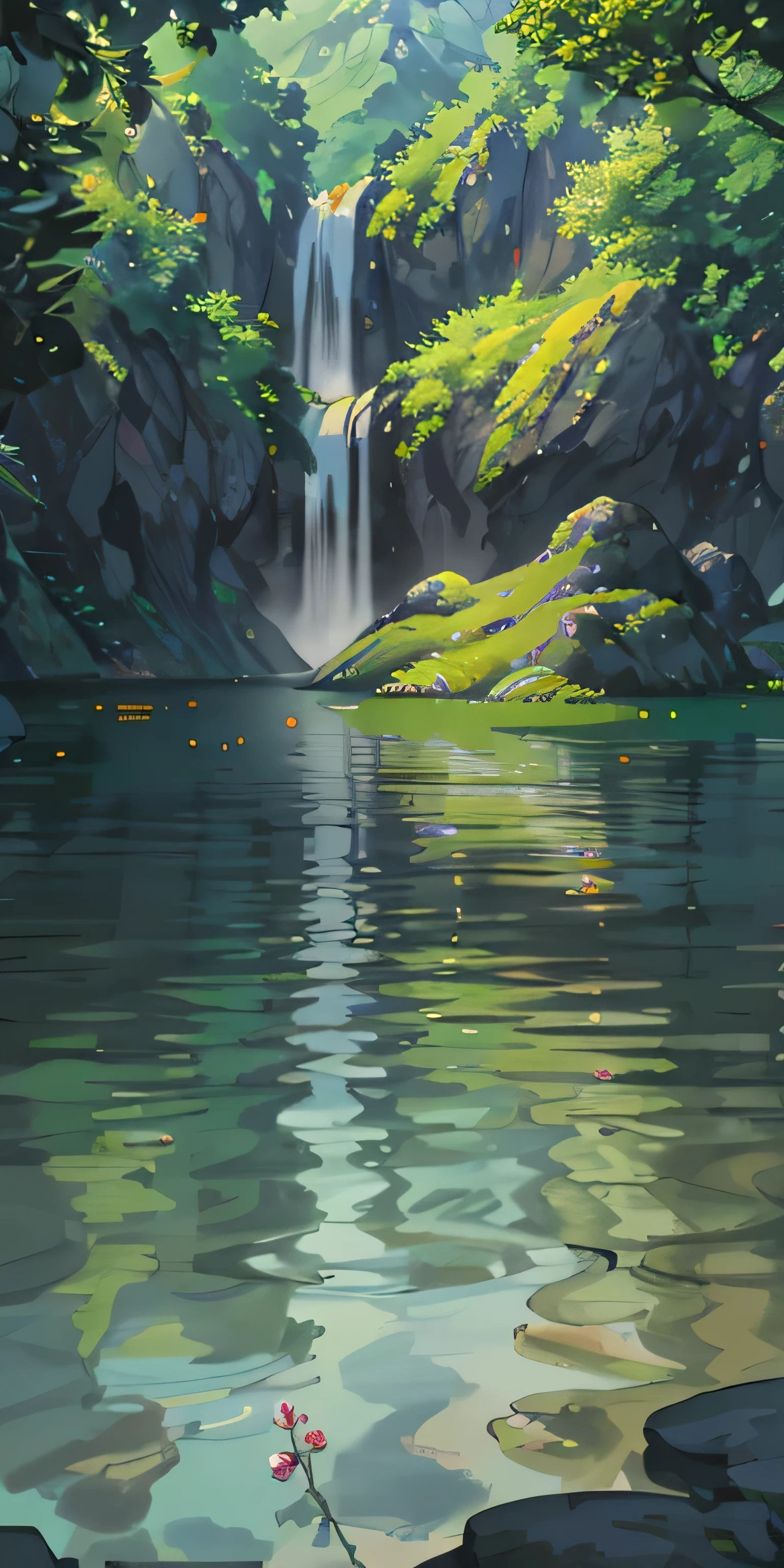 Chinese ancient times, spring, jungle, lake, cave, waterfall, tree, meadow, rock, deer, hot spring, water vapor, (illustration: 1.0), epic composition, realistic lighting, HD details, masterpiece, best quality, (very detailed CG unified 8k wallpaper)
