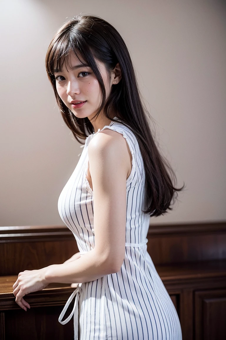 (8K, RAW photo, highest quality, masterpiece:1.2), ultra detail, super resolution, (realistic, realistic Photo:1.37), portrait, High resolution RAW color photos, professional photos, 非常に詳細で美new, very detailed, 8k wallpaper, surprisingly detailed, huge file size, official art, highly detailed CG unity 8k wallpaper, very detailed美少女, very detailed顔, very detailed目, very detailed肌, very detailed指, very detailed鼻, very detailed詳細な口 , perfect anatomy, very detailed背景, very detailed衣服, 1 girl,, 20th generation, cute girl, realistic body, small, Fair skin, glowing skin , handsome body, black hair , Rolled up hair, (dull bangs:1.2), smile, cute, like々new, cute face, realistic face, delicate eyes, (((Crimson and white sleeveless striped dress))), looking at the viewer, cowboy shot, facing the front, Standing position, Opposition, dynamic lighting, very big breasts,