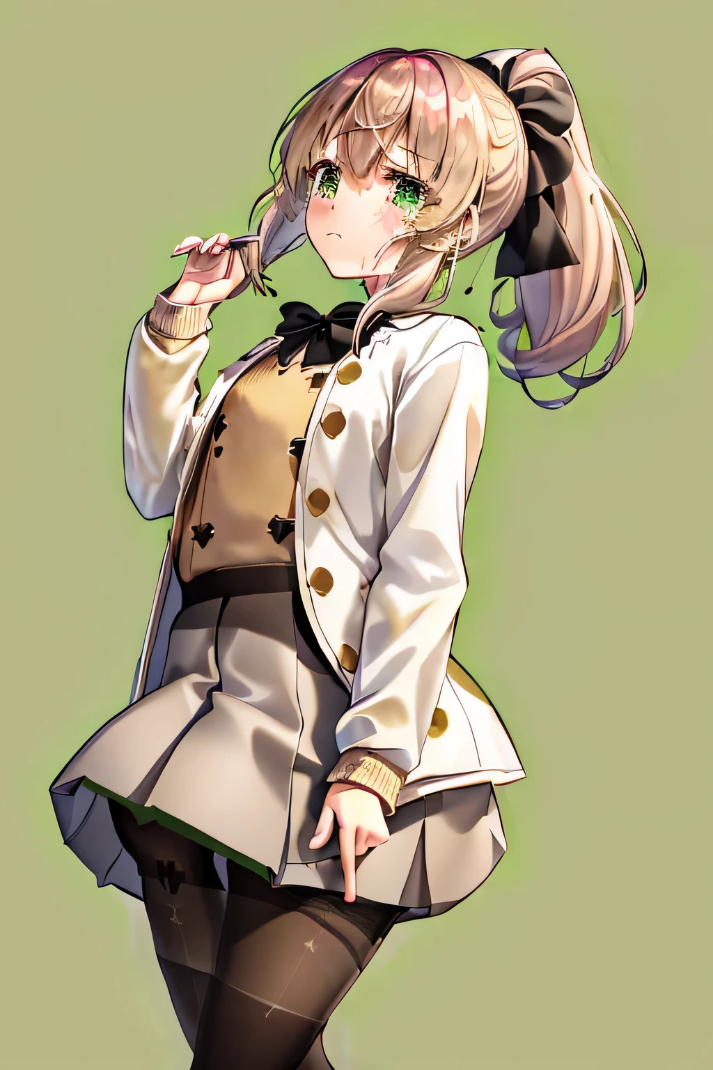 1girl, ((girl)) 、1 person、small face,20-year-old、 (tears) 、(cry)、white coat、(Beige sweater)、((plaid pleated skirt)) 、((black pantyhose:1.5)) 、Brown snow boots, (princess cut), (bob cut)、(medium hair)、(ponytail:1.5) 、reddish brown hair 、sad expression、 ((green background:1.5)) 、