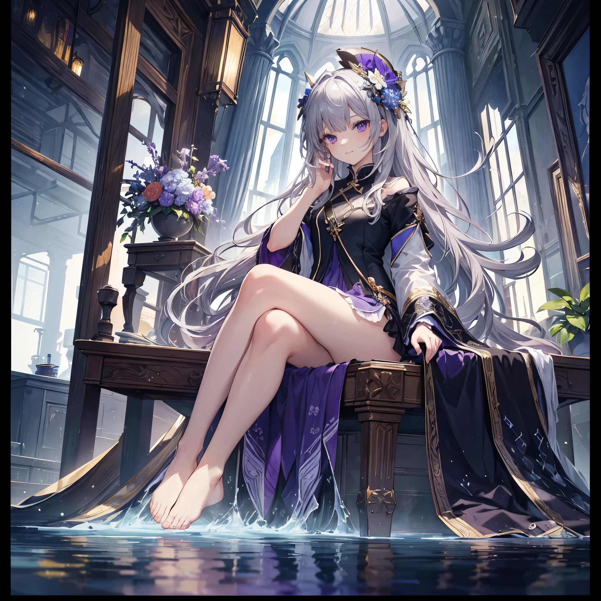 [(transparent background:1.5)::5],(((masterpiece))),(((highest quality))),(((very detailed))),figure, 1 girl,alone,Mysterious,Bright colors,shiny, in water透明の密閉半球ガラスdome, (gray hair),(purple eyes), whole body,barefoot,quiet nature with long hair, Require,in water, dome,close,dynamic action,Lens perspective,(((box configuration))),sit cross-legged、lean against the bookshelf, volume lighting, multicolored eyes, fine eyes, very detailed,light smile, very detailed, beautiful, small details, Super detailed, highest quality, Complex, 4K, 8K, Trending with ArtStation, excellent anatomy, beautiful lighting, award-winning,