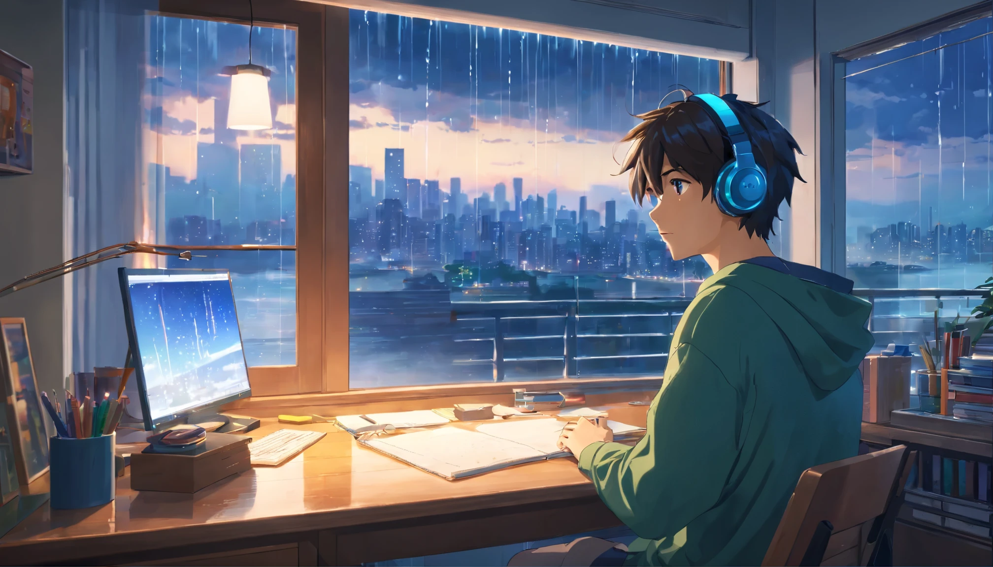 (best quality,4k,8k,highres,masterpiece:1.2),ultra-detailed,(realistic,photorealistic,photo-realistic:1.37),illustration of a (male) boy studying (seated) in his room (wearing headphones), window in the background showing a city, rain, cool lighting.