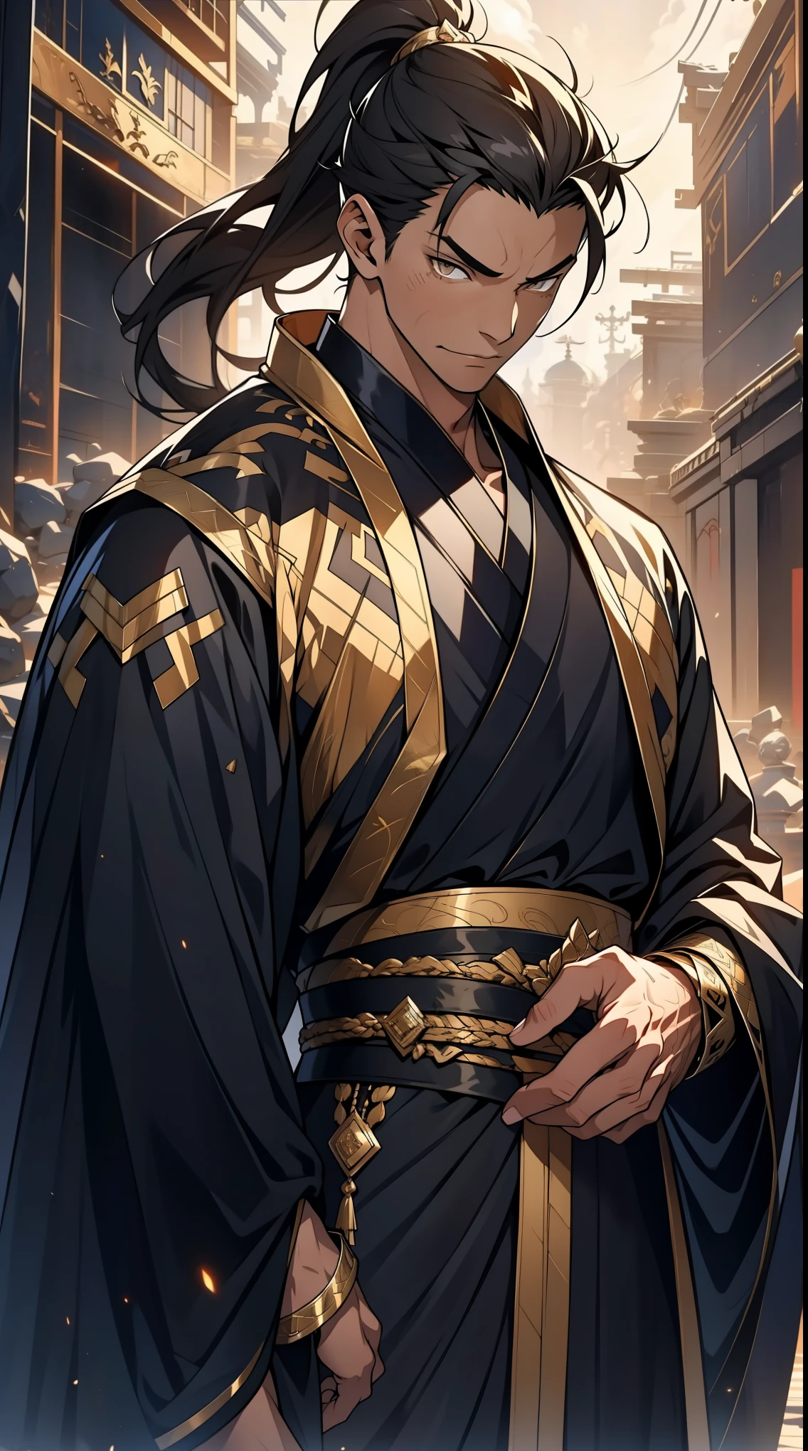 Two dimensions,anime style,one person(male warrior),proportions are correct,facial details,swordsman,high ponytail hairstyle,neck detail,Have an Adam's apple,Black and gold robe,joke,Black and gold robe,clothing details,Hand over,long sleeves,Game quality,fencing,Ray tracing,Ray tracing,Detailed glow,CG rendering,hair details,Long black and blond hair,Black-gold eyes,Handsome,Handsome,(Youthful feeling),Clothing is complicated,Perfect composition,refine,high quality,higher details,many details,Complex background,a sense of atmosphere,