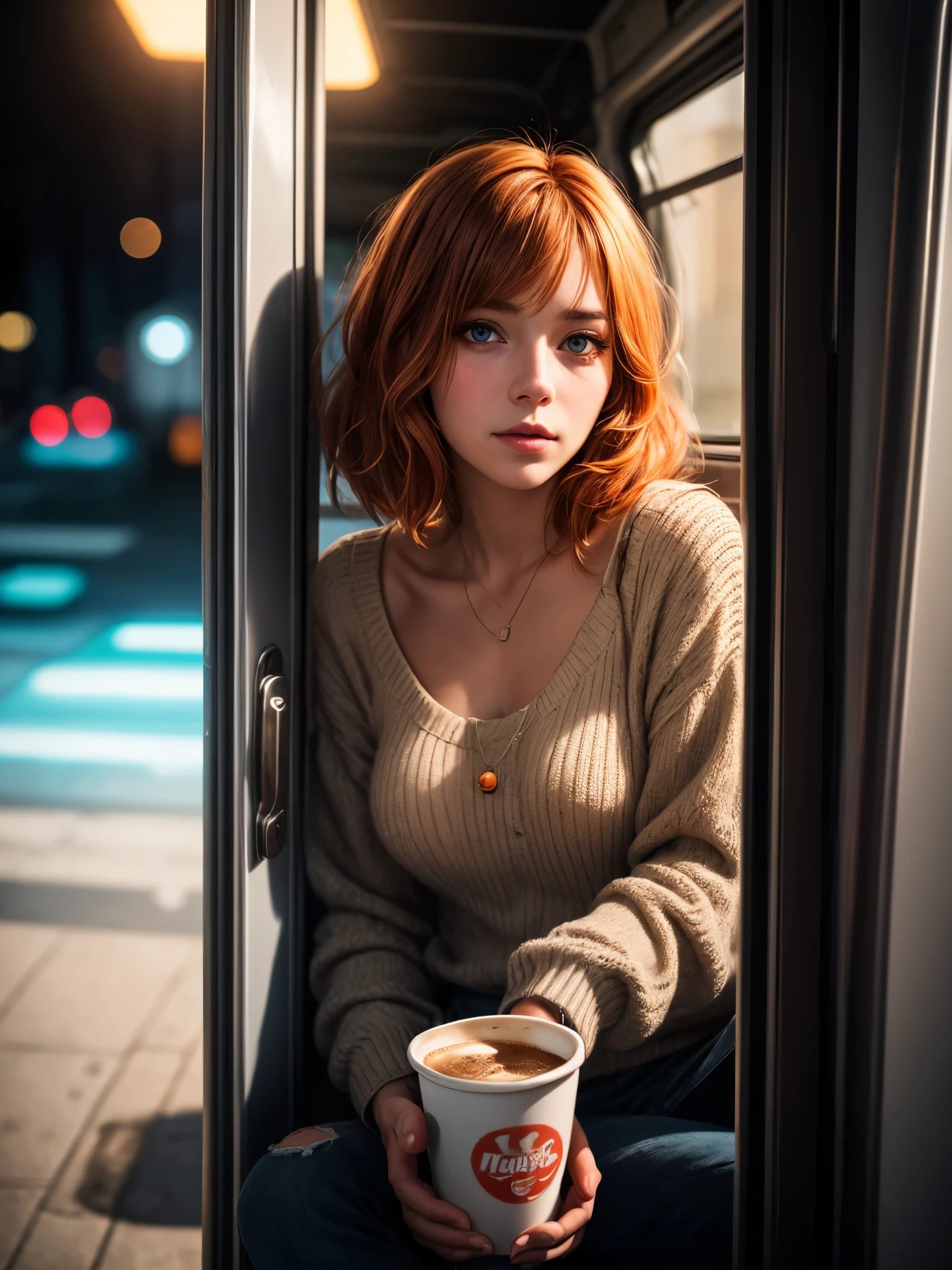 Photorealistic picture of a beautiful short ginger hairstyle homeless girl, sitting inside her opening door van home with a cup of take away coffe cup, hungry, try to stay positive in her uncertain future, sad eye, bokeh, shallow depth of field, late afternoon natural lighting fuses with neon city light