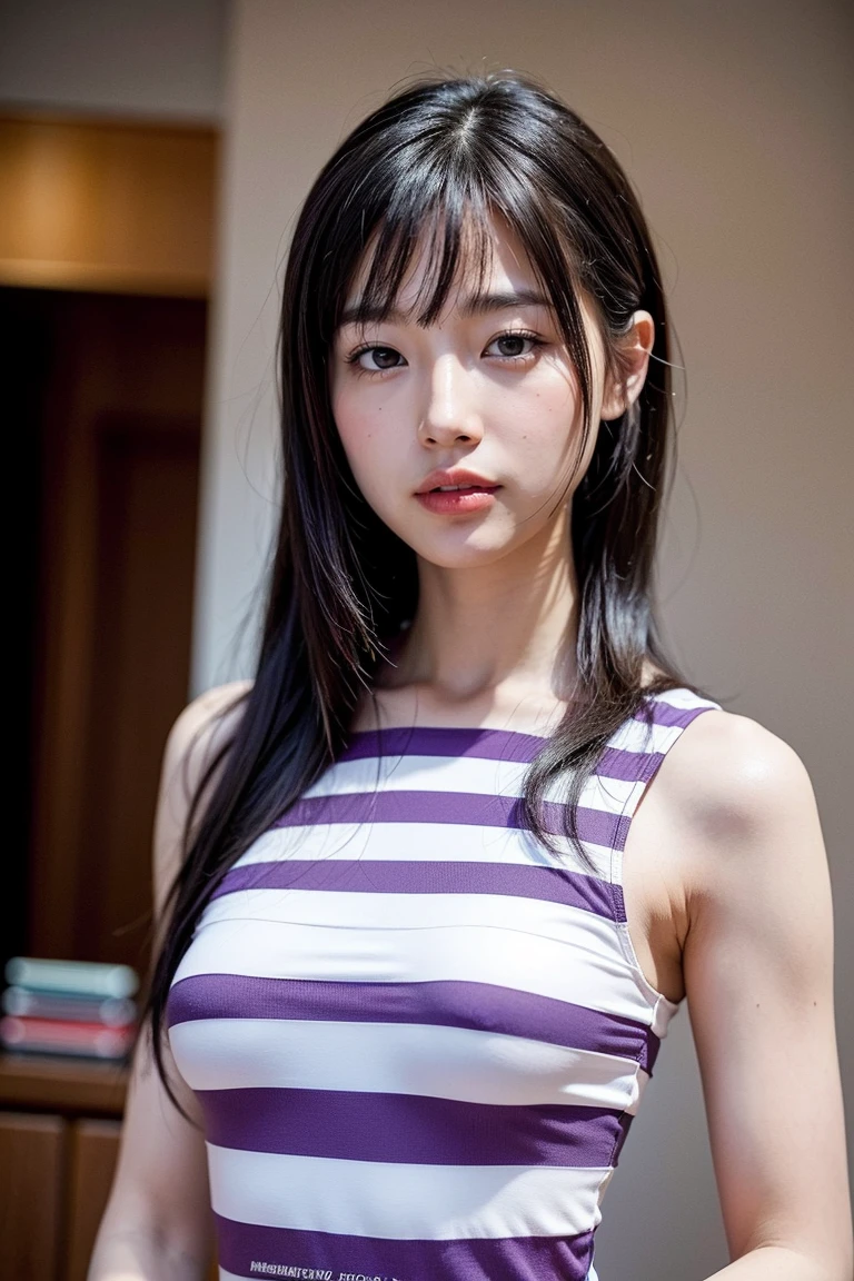 (8K, RAW photo, highest quality, masterpiece:1.2), ultra detail, super resolution, (realistic, realistic Photo:1.37), portrait, High resolution RAW color photos, professional photos, 非常に詳細で美new, very detailed, 8k wallpaper, surprisingly detailed, huge file size, official art, highly detailed CG unity 8k wallpaper, very detailed美少女, very detailed顔, very detailed目, very detailed肌, very detailed指, very detailed鼻, very detailed詳細な口 , perfect anatomy, very detailed背景, very detailed衣服, 1 girl,, 20th generation, cute girl, realistic body, small, Fair skin, glowing skin , handsome body, black hair , Rolled up hair, (dull bangs:1.2), smile, cute, like々new, cute face, realistic face, delicate eyes, (((purple and white sleeveless striped dress))), looking at the viewer, cowboy shot, facing the front, Standing position, Opposition, dynamic lighting, very big breasts,