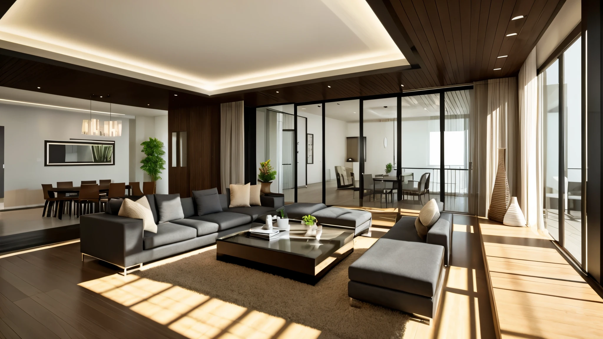 You are a famous interior designer、You have been asked to create a 3D image of a modern large room. Create a harmonious environment with modern and minimalist furniture. Including garden interior.