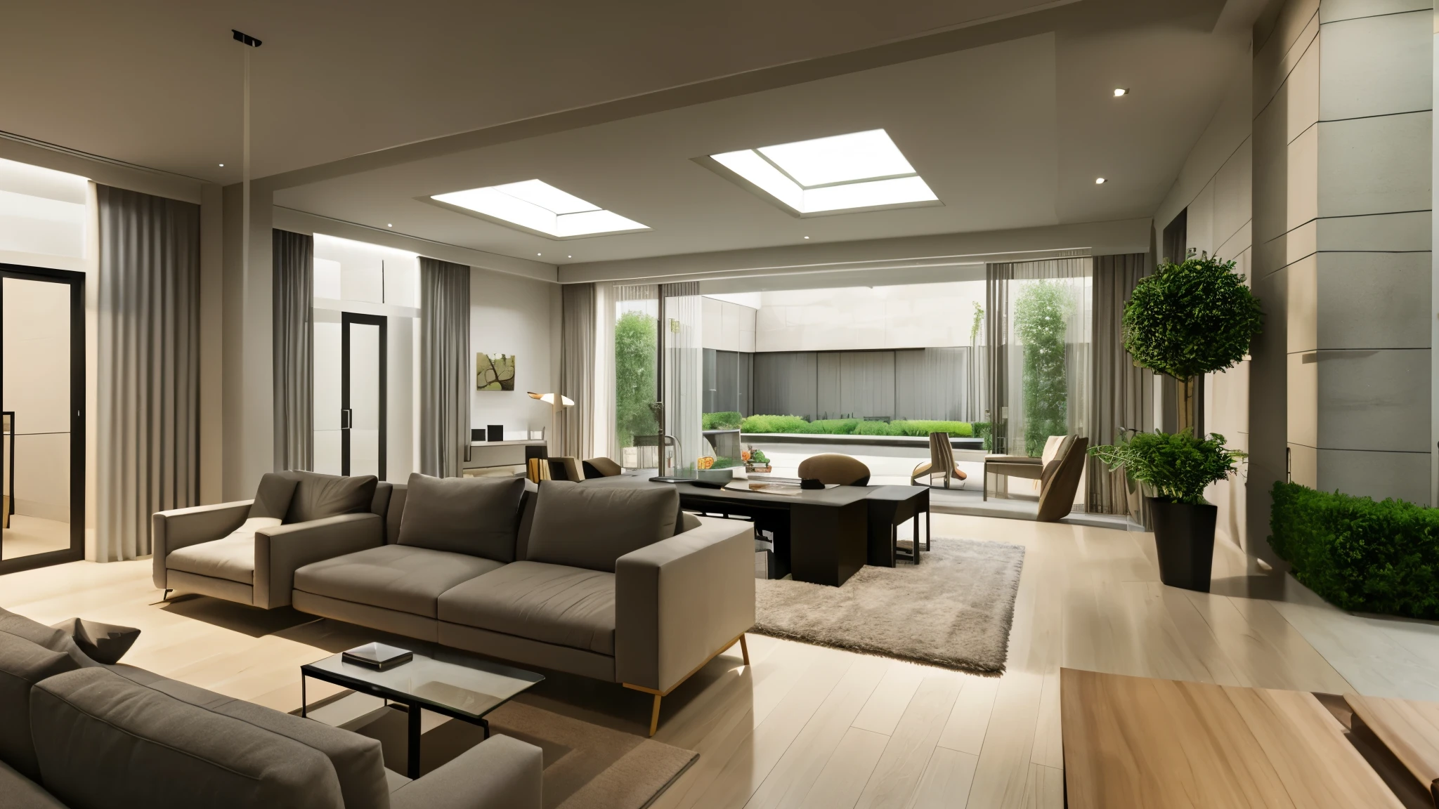 You are a famous interior designer、You have been asked to create a 3D image of a modern large room. Create a harmonious environment with modern and minimalist furniture. Including garden interior.