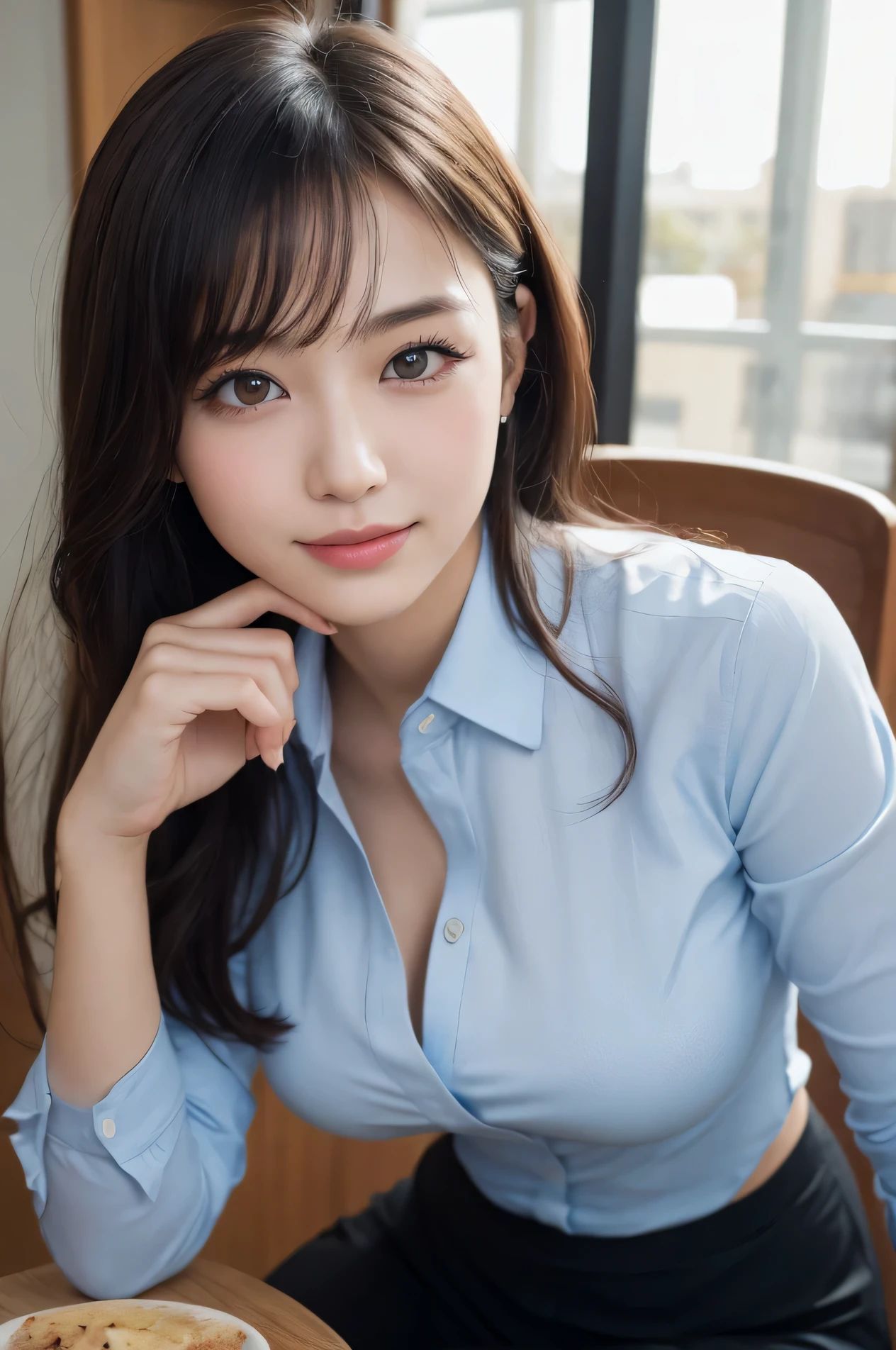 table top, highest quality, shape, Super detailed, finely, High resolution, 8k wallpaper, 完璧なダイナミックな構shape, beautiful and detailed eyes, sexy underwear,bob hair, middle of chest, natural color lip, random sexy pose,smile,20 year old girl、big breasts、Cafe、suit、business shirt、perfect feet、perfect arms、sit on a chair、lower chest、 are coming out、Tokyo scenery
