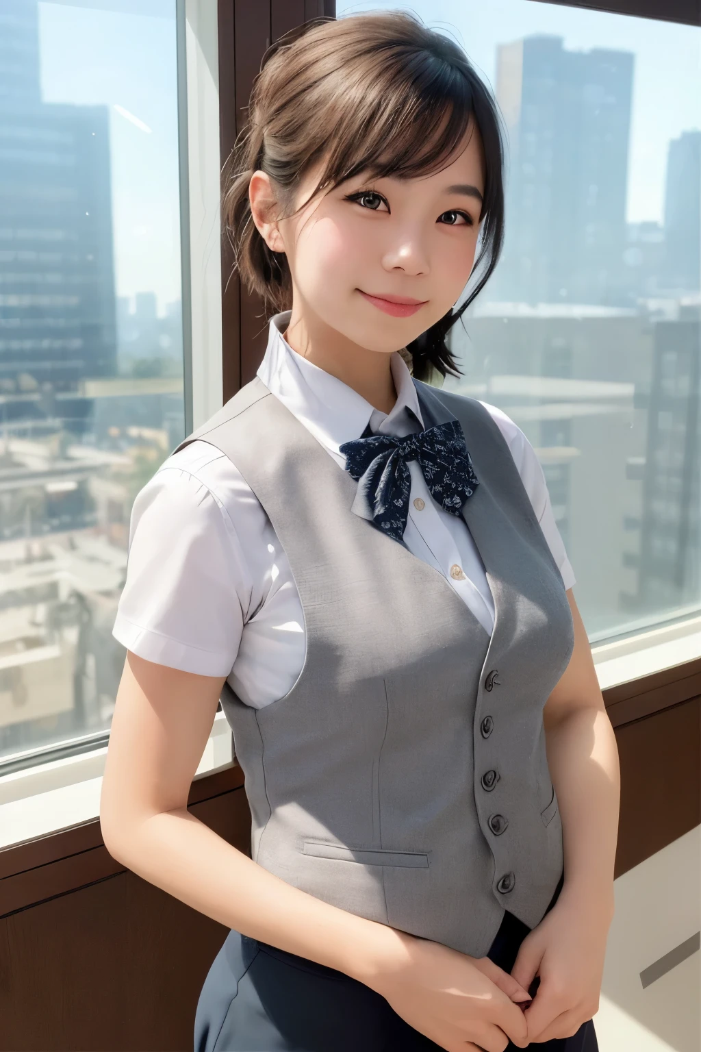 1girl, matured female, vest, bow, photo, realistic, best quality, hires, detailed face, office, buildings from window, detailed background, diffused sunlight, depth of field, bokeh