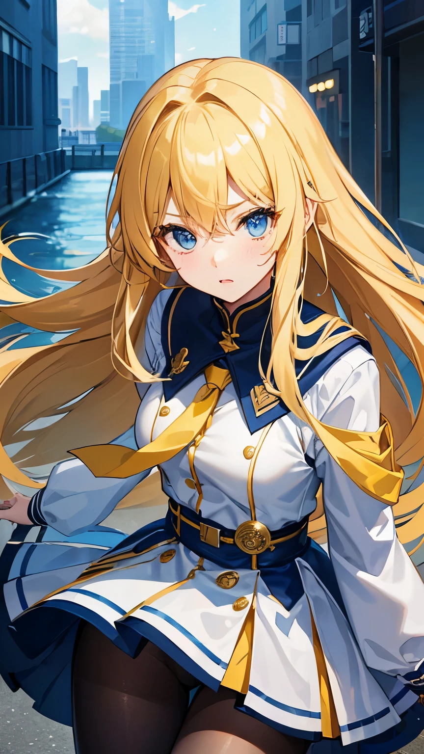 1 girl、Tsundere、fights quickly、energetic 、slanted eyes、Hairstyle Long Straight、eye color yellow、Hair colorlight blue、high school girl、human、Hair blue、 face、Saucy、Tsundere