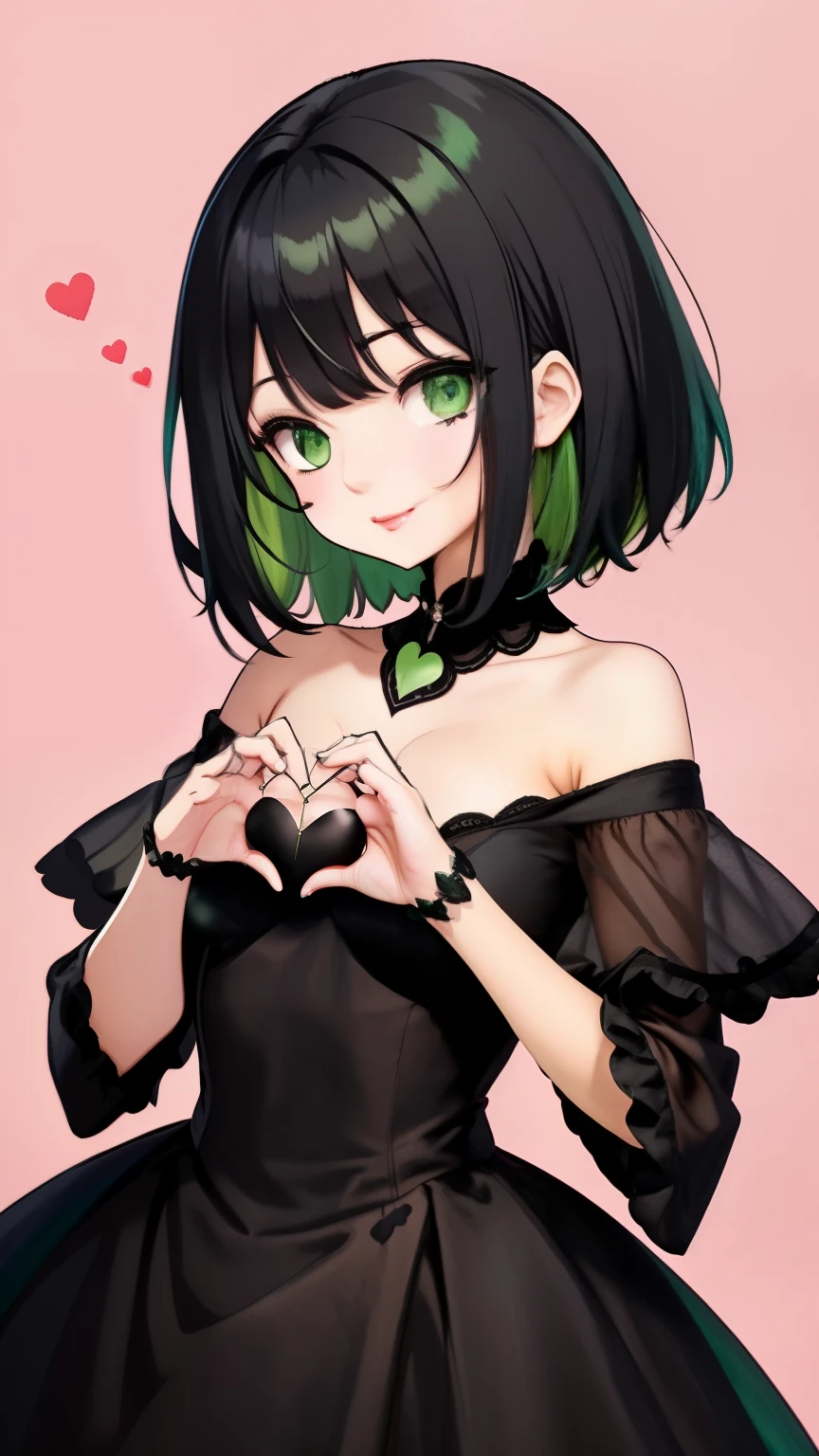 ((Split-color hair, black hair, green hair)), green eyes,black dress,short hair, high quality, masterpiece, best quality, closed mouth, medium breasts, ,smile, small breasts, pink background, hearts, embroidery, (heart hands1.5), heart shaped ornament
