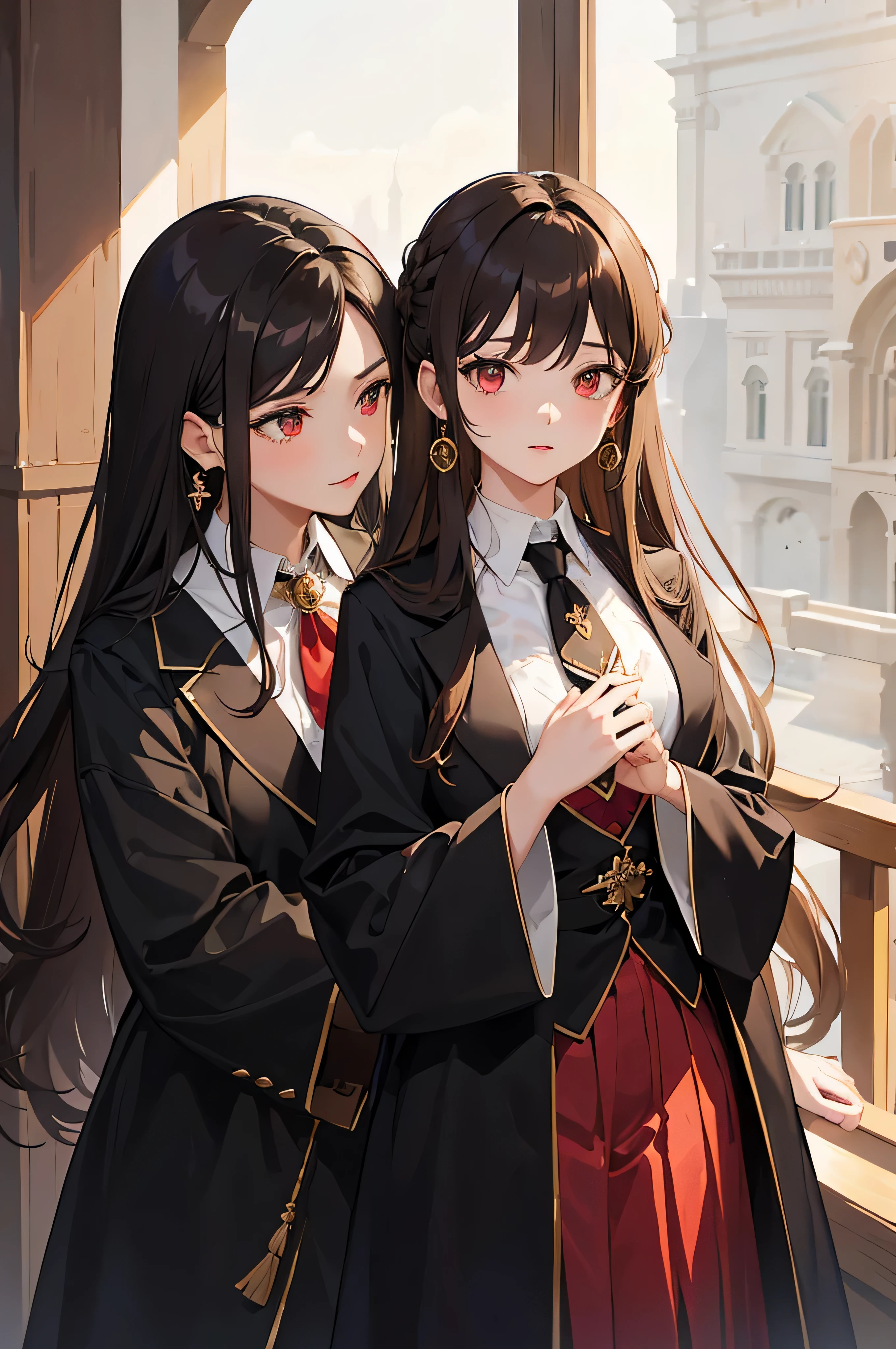 (best quality, masterpiece, ultra-detailed, extremely detailed, highres), (2girl, duo), 18 years old Anime girl, sisters, brown hair, long raven hair, slightly wavy hair, parted bangs, Magus, red eyes, diamond earrings, long black coat, necktie, white shirt, black skirt, aristocrat, noble attire, beautiful, ethereal, elegant, prestigious, classic, royal building, natural lips, magic school